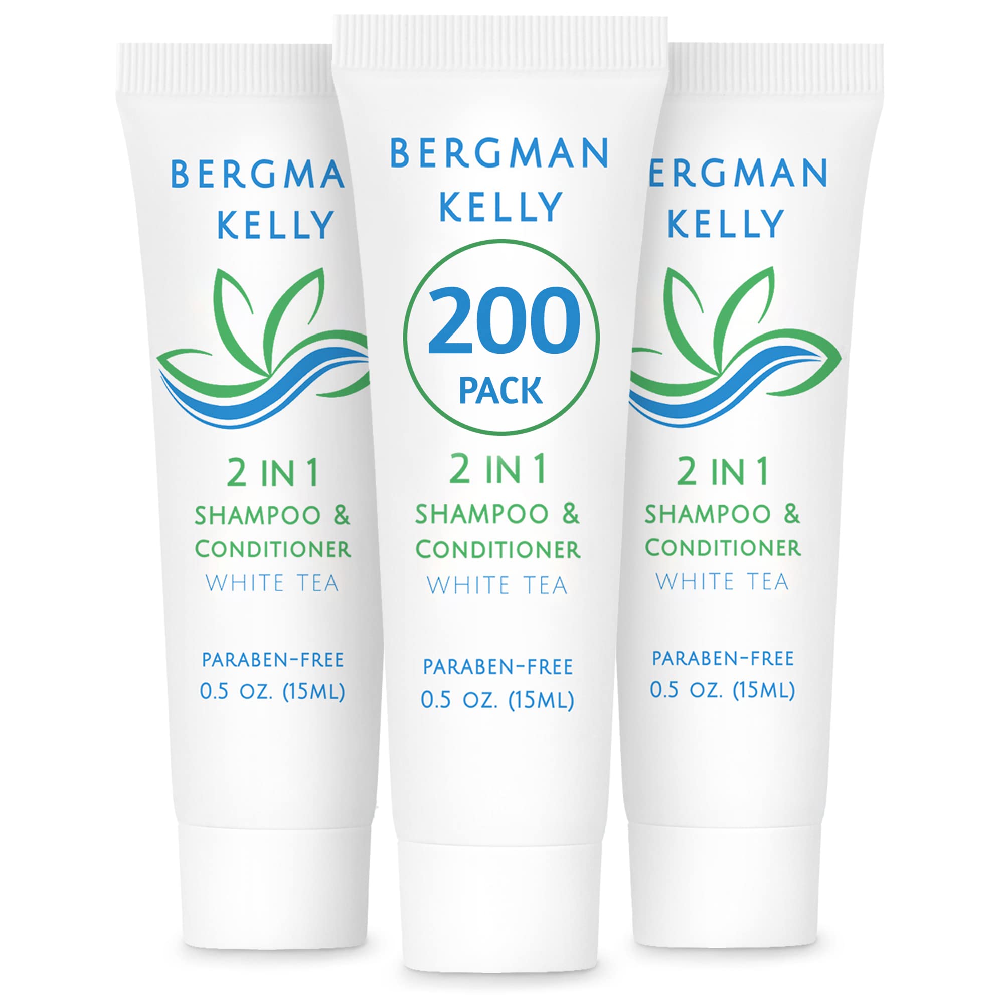 Bergman Kelly - 2 in 1 Shampoo & Conditioner Travel Size (0.5 fl oz, 200 Pack) - White Tea Scent - Bulk Hotel Toiletries for Guests - Refreshing & Revitalizing Formula | Perfect for Hotels, Spas, Airbnb, Travel Kits & Hospitality Amenities