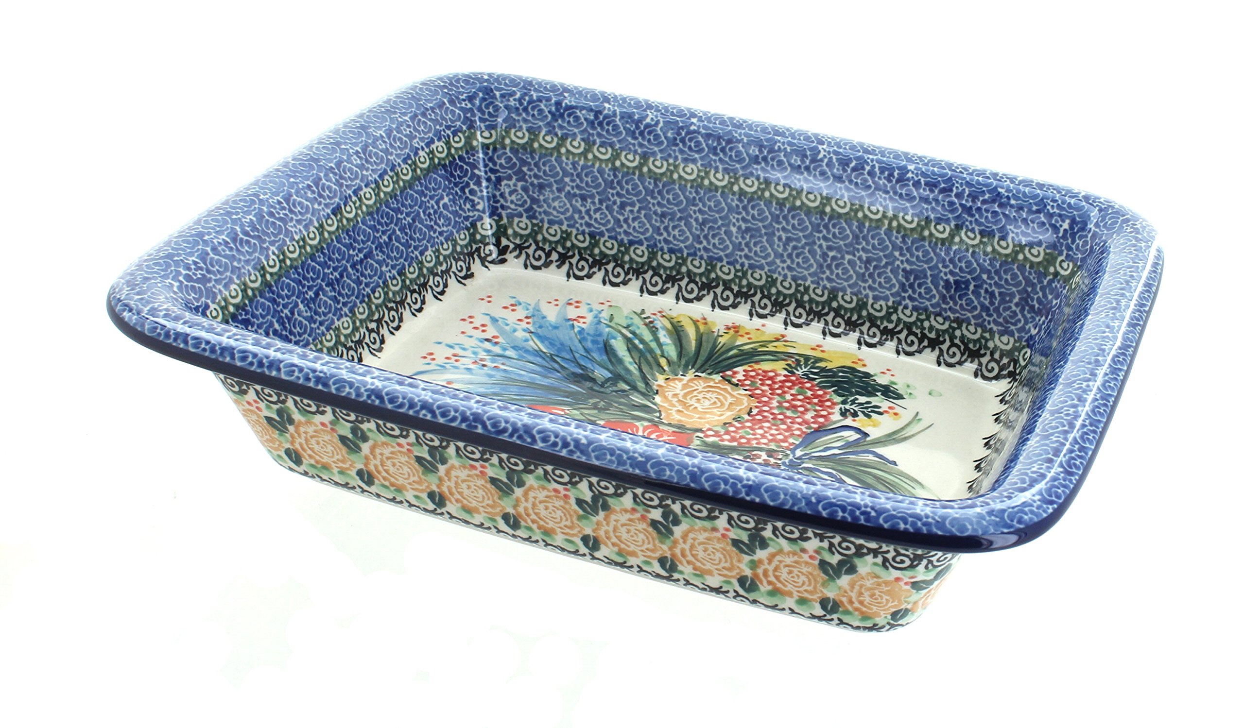 Blue Rose Polish Pottery Rectangular Baker - Handmade Ceramic Baking Dish for Summer Blooms Design | Perfect for Casseroles, Brownies & Holiday Serving