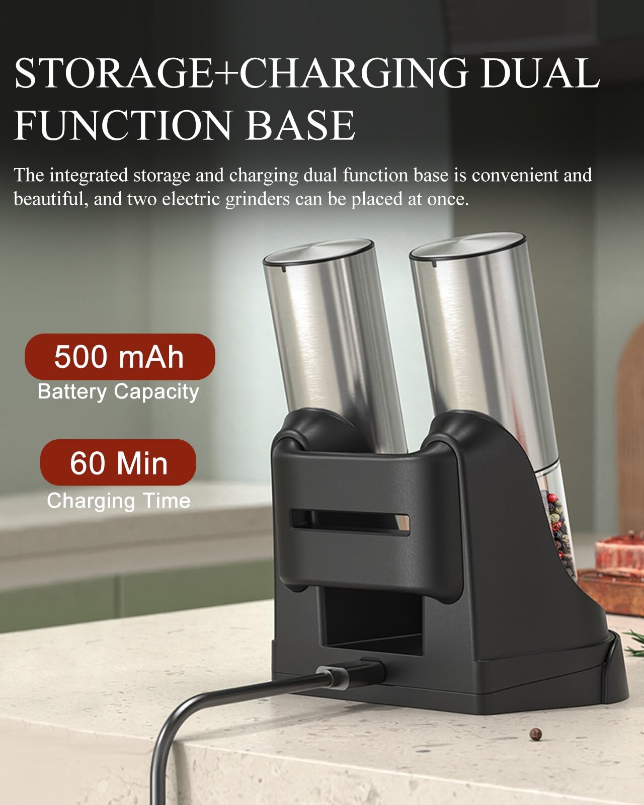 Upgraded Electric Salt and Pepper Grinder Set - Large Capacity Automatic Mills with Adjustable Coarseness, LED Light & Dual Charging Station - Stainless Steel Kitchen Gadget for Cooking, Dining & Home Use