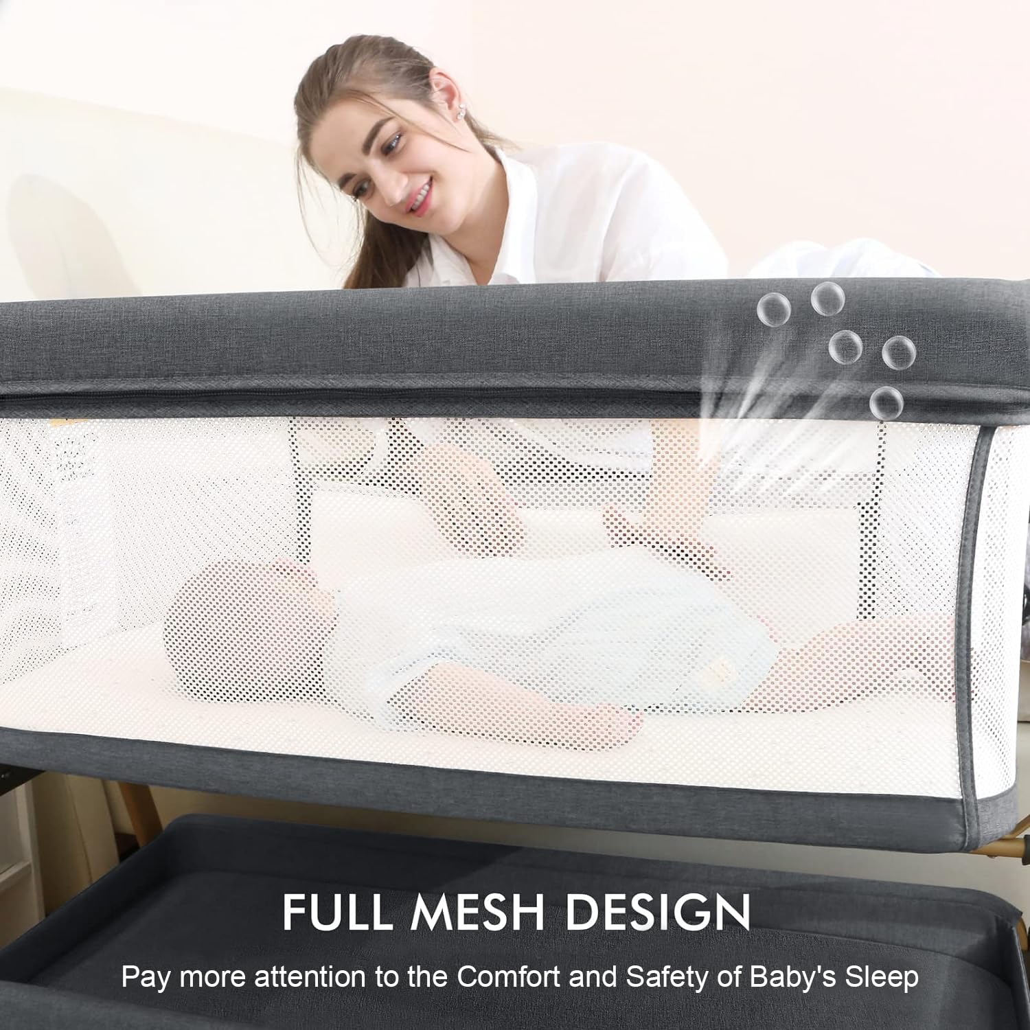3 in 1 Baby Bassinet with Comfy Mattress - Adjustable Height, Portable Folding Crib with Wheels for Newborns | Bedside Sleeper, Rocking Bassinet for Nursery & Travel | Perfect for Co-Sleeping, Night Feeding & Room Sharing