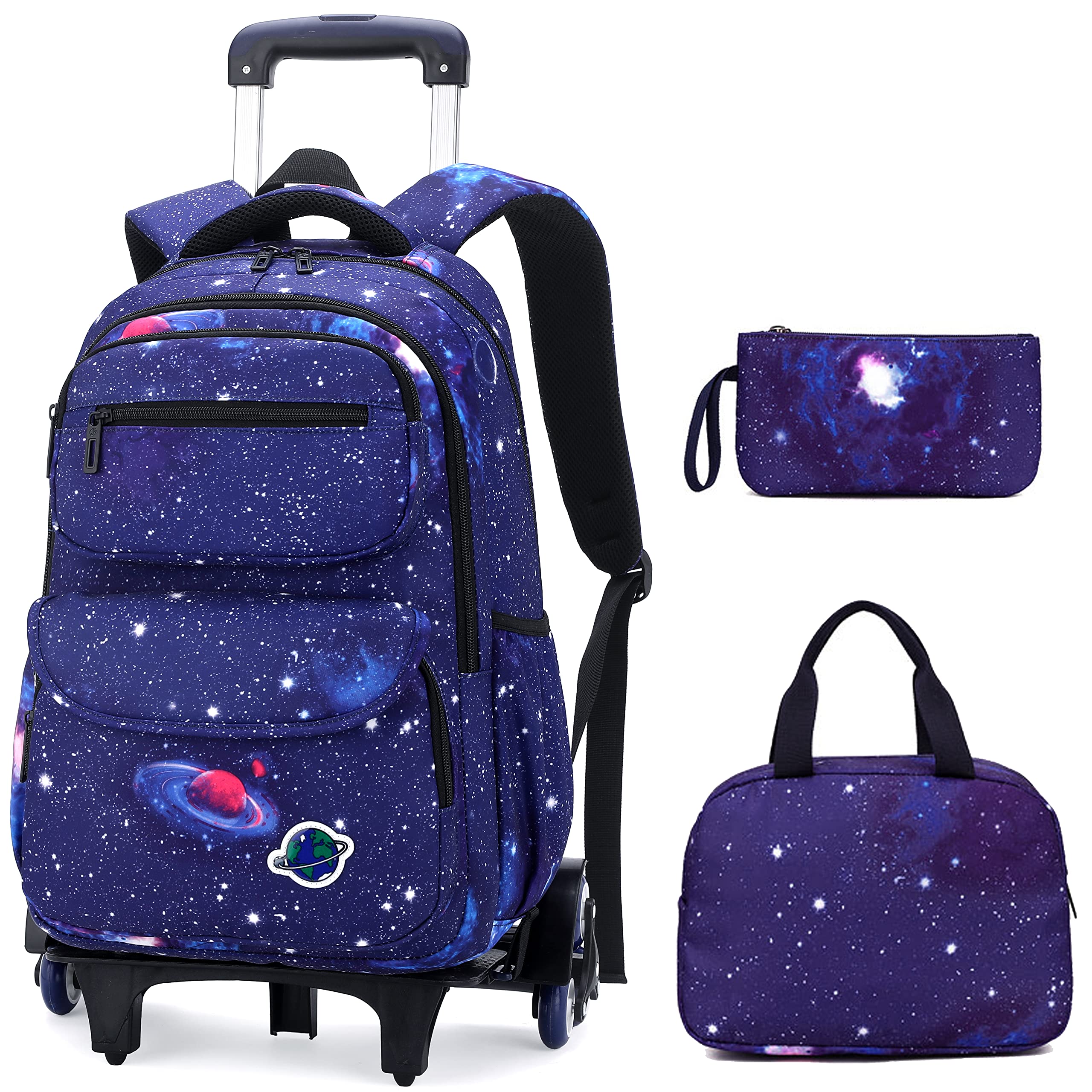 3 in 1 Rolling Backpack for School Kids - Wheeled Backpack Set with Starry Sky Print for Boys and Girls - Perfect for Travel, Commuting & Daily School Use