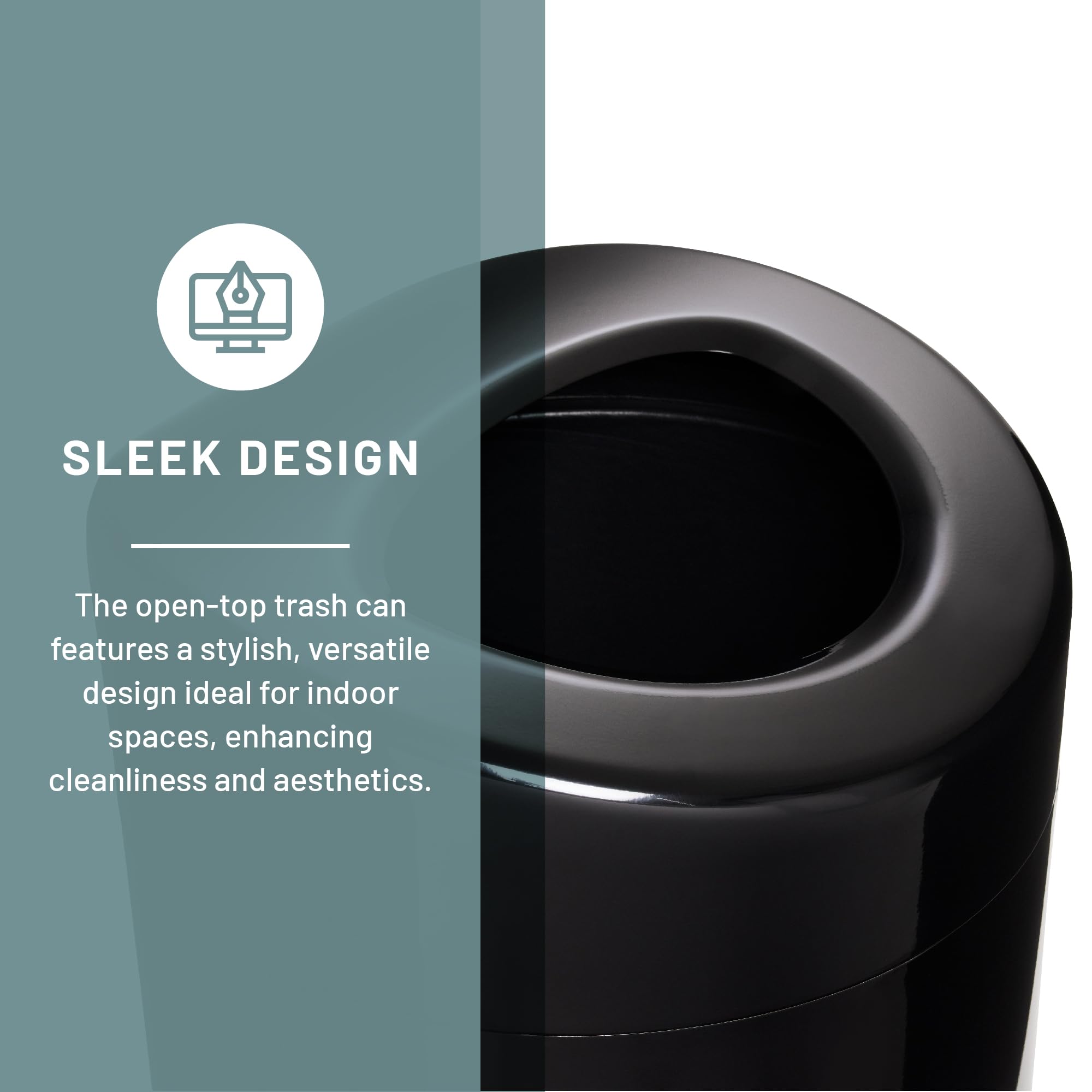 Safco 14 Gallon Stainless Steel Open Top Trash Can - Modern Black Garbage Bin for Kitchen, Office & Home Use | Durable Indoor Waste Container for Recycling & Daily Trash