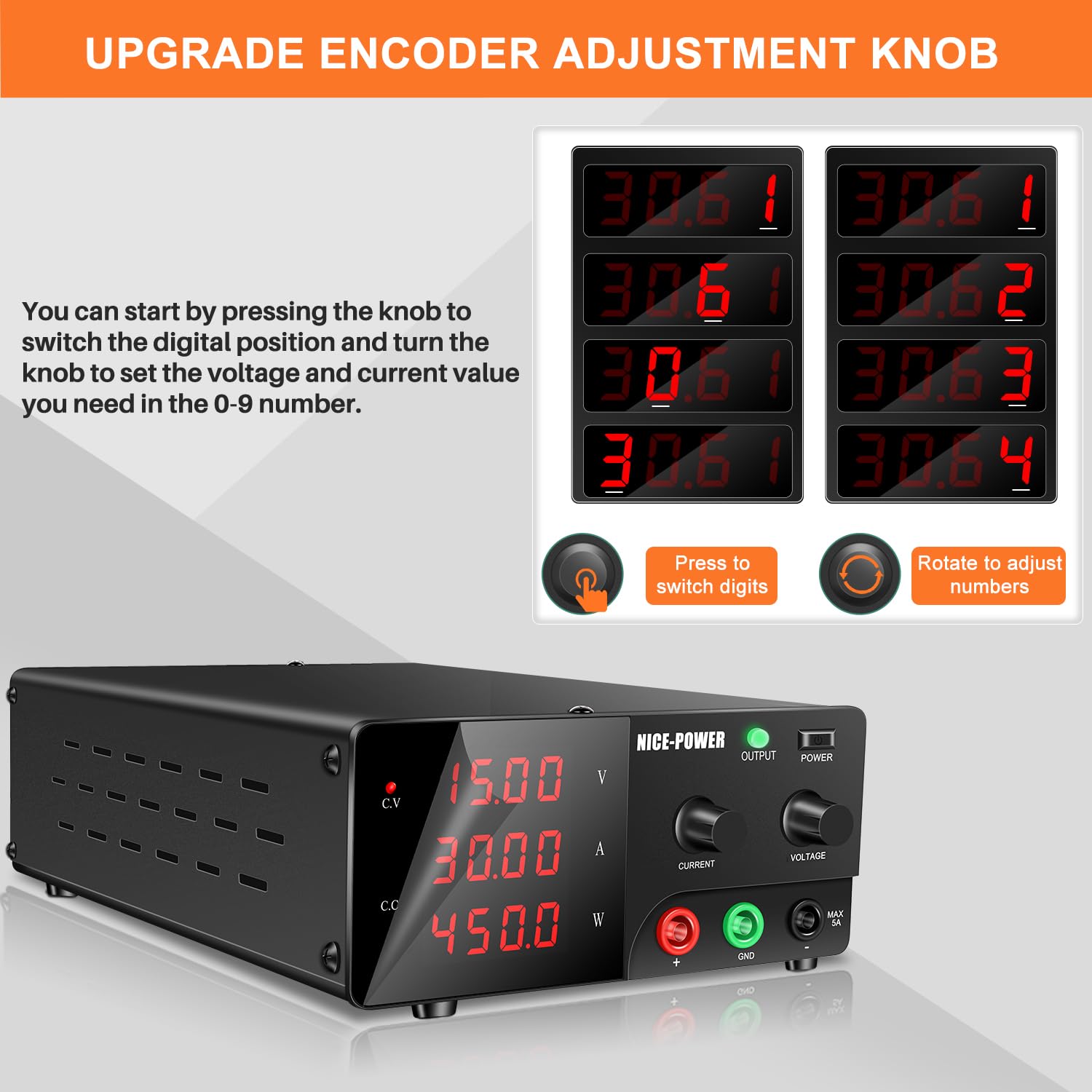 NICE-POWER 450W Adjustable DC Power Supply, 15V 30A Variable Lab Bench Power Supply with Encoder Knob & Output Switch - Precision Switching Regulated Power Supply for Electronics Repair, Testing, and DIY Projects | Ideal for Home Labs, Workshops, and Professional Use