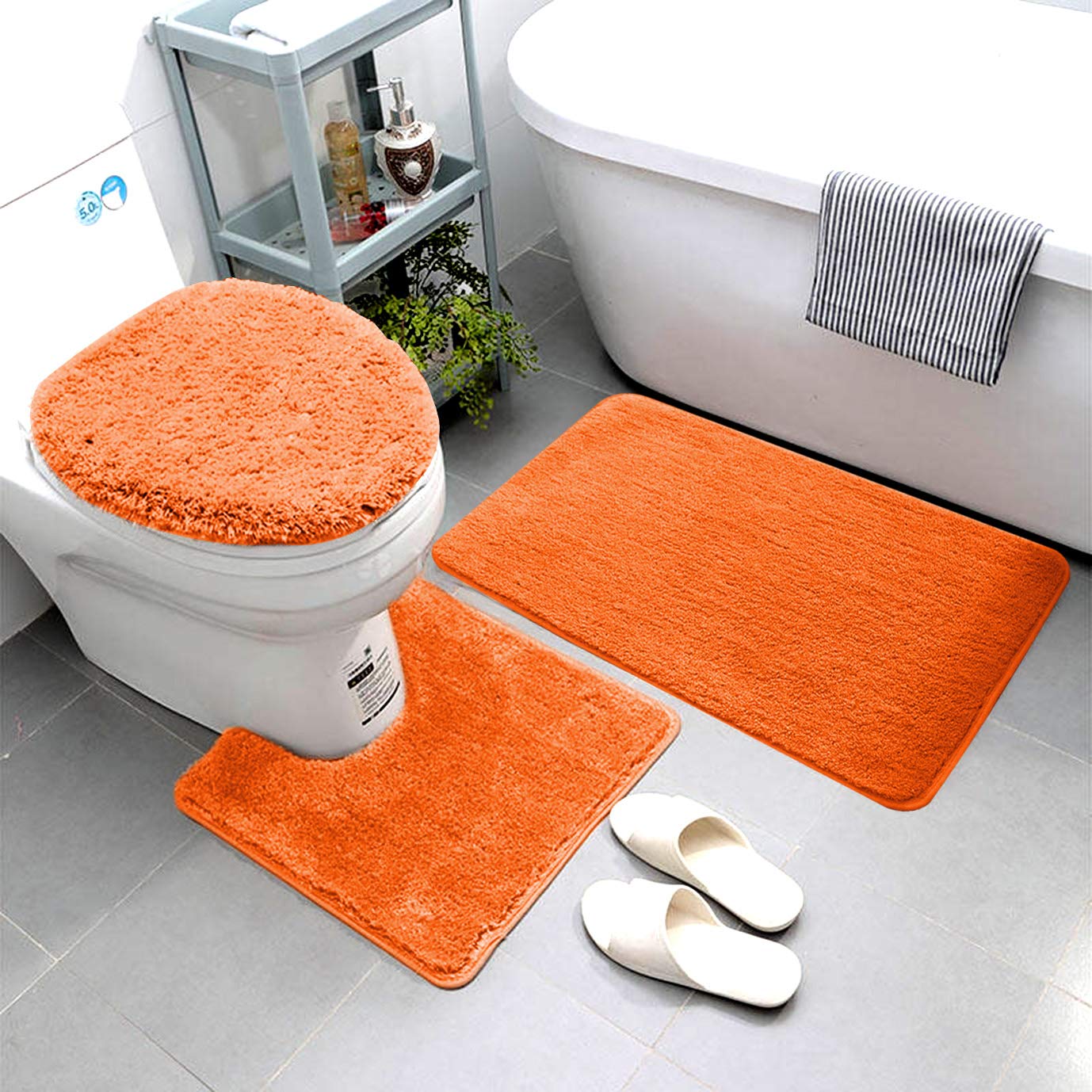 Smart Linen 3-Piece Bathroom Rug Set - Soft Microfiber Bath Mat, Contour Rug & Toilet Lid Cover | Non-Slip Rubber Backing | Machine Washable | Orange | Perfect for Bathroom Safety & Comfort