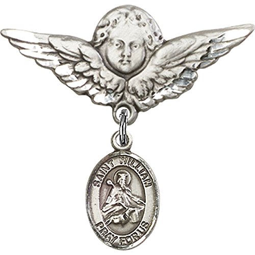Sterling Silver Baby Badge Pin with St. William of Rochester Charm & Angel Wing Charm – Perfect for Christening, Baptism, and First Communion Gifts