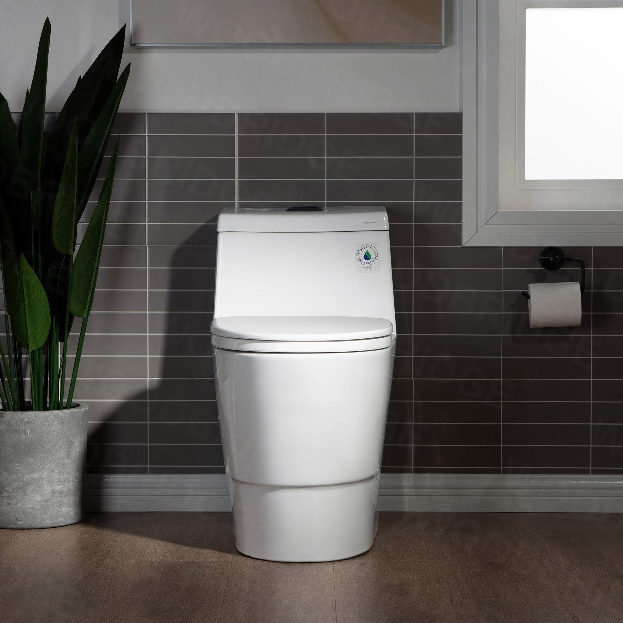 WOODBRIDGE One Piece Toilet with Soft Closing Seat - Chair Height ADA Compliant, 1.28 GPF Dual Flush Water Saving, 1000 Gram MaP Flushing Score, Water Sensed Technology, Matte Black Button (Model T0001-MB) - Perfect for Modern Bathrooms, Small Spaces & Water Conservation Homes