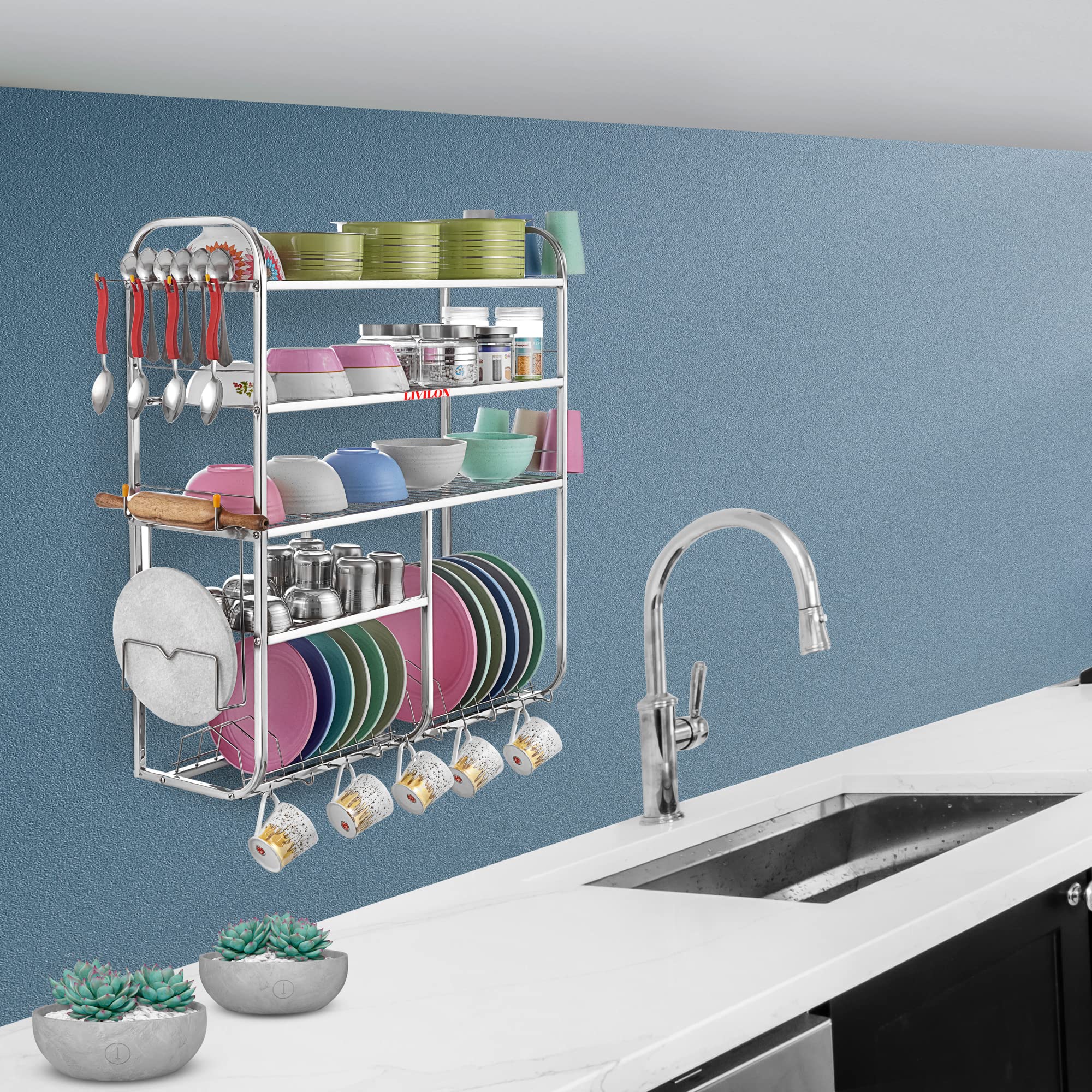 Stainless Steel Wall Mount Kitchen Utensil Rack - 5 Shelf Dish Organizer for Spoons, Plates & Cutlery (31x30x10 Inches) - Space Saving Kitchen Storage Solution for Small Apartments & Organized Cooking Spaces