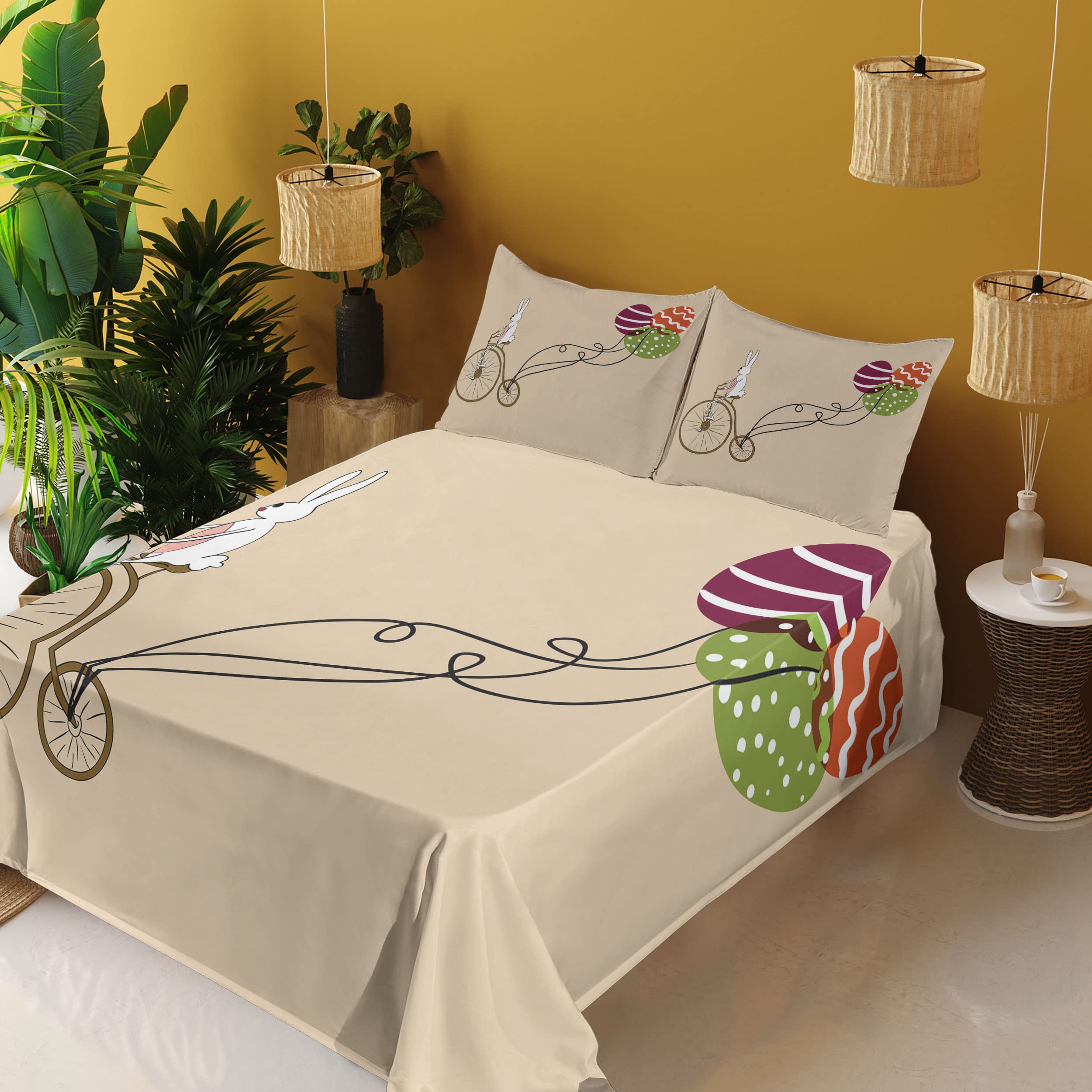 Ambesonne Easter Bunny on Retro Bike 4-Piece Sheet Set - Full Size Beige & Purple Cartoon Print Bedding with Fitted Sheet, Flat Sheet & Pillowcases - Perfect for Easter Decorations, Spring Bedroom Makeover & Holiday Gift Giving
