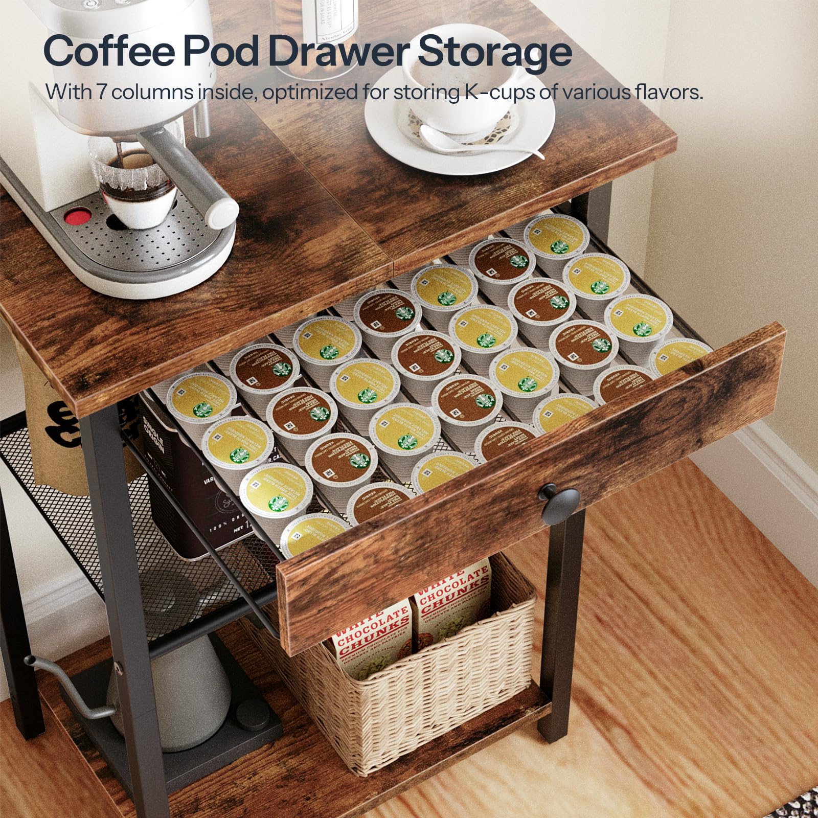 HOOBRO 4-Tier Coffee Bar Station with K-Cup Pod Drawer & Hooks - Rustic Brown & Black Narrow Kitchen Bakers Rack for Small Spaces (12.9