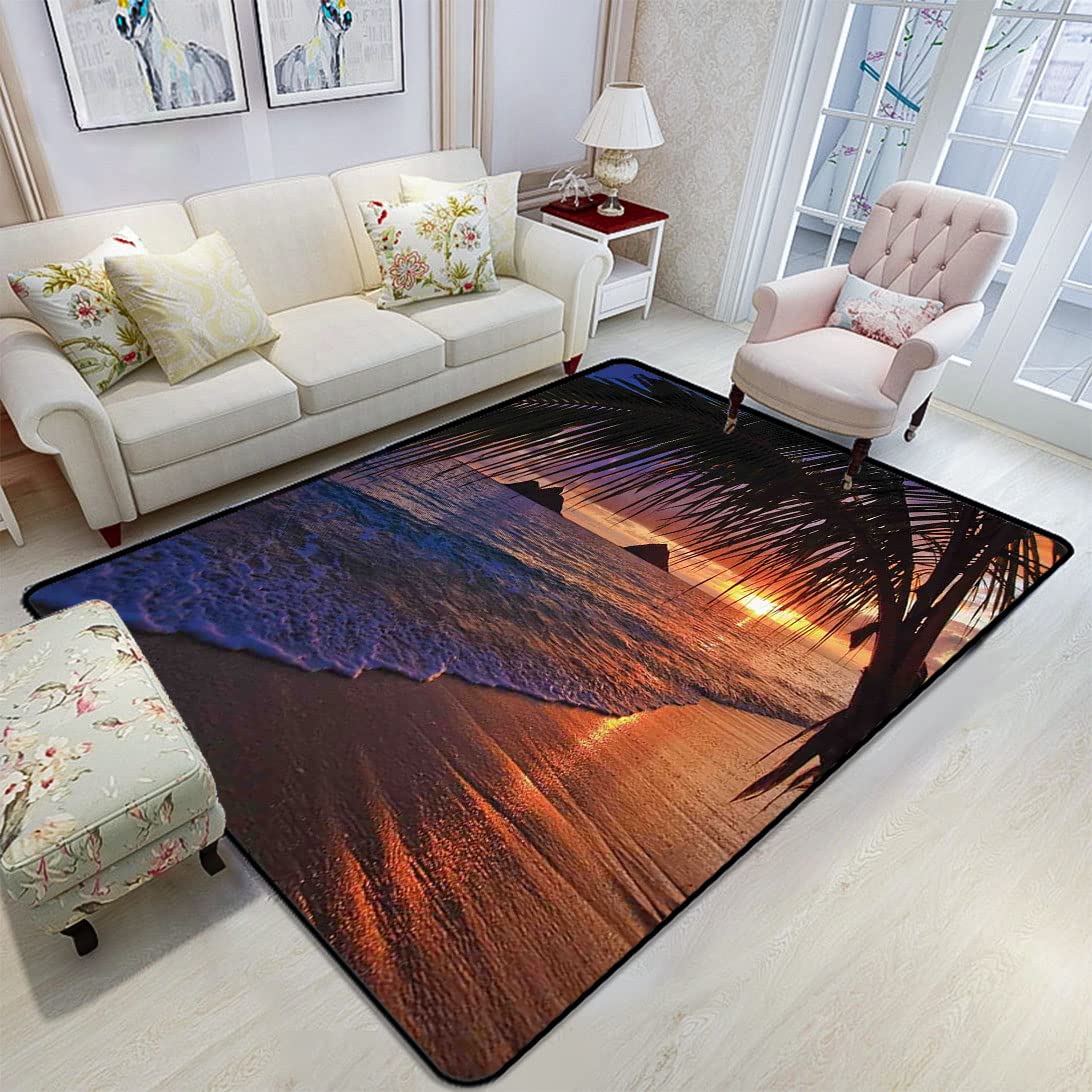Non-Slip Washable Area Rug 4'x6' - Sunrise Beach & Distant Hills Leaves Design - Soft Living Room Bedroom Carpet for Home Decor - Perfect for Apartments, Dorms & Cozy Spaces