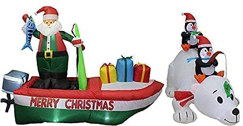 8ft Inflatable Santa Claus on Fishing Boat & 6ft Christmas Inflatable Penguins with Polar Bear - Outdoor Holiday Decorations Bundle for Christmas Party, Yard, and Home Decoration