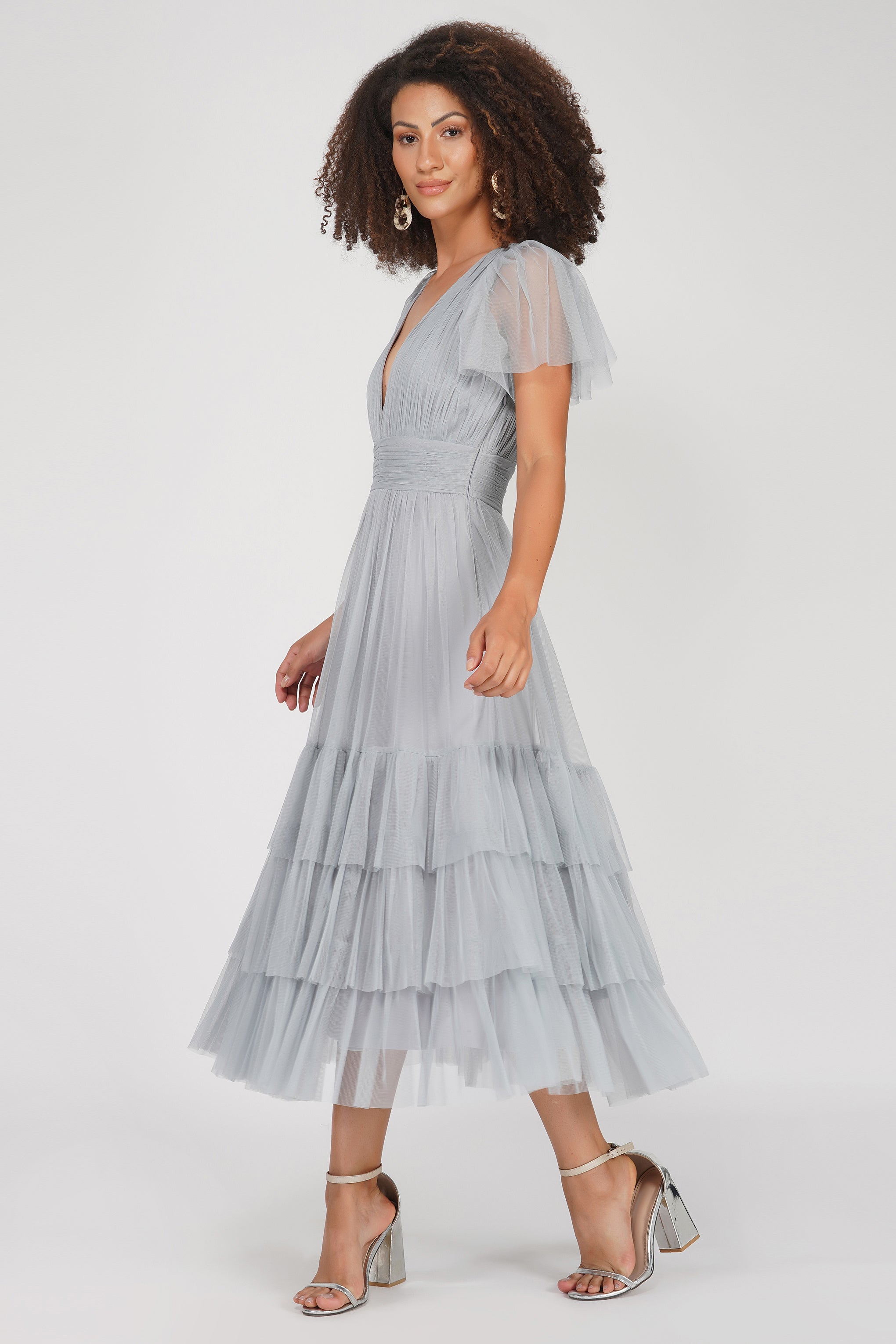 Elegant Madison Tulle Midi Dress in Grey - Perfect for Weddings, Parties & Special Occasions
