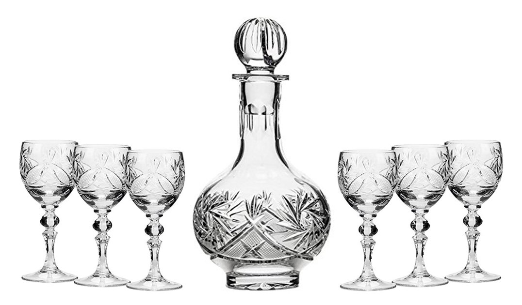 Premium 7-Piece Vintage Cut Crystal Liquor Decanter Set - 12oz Russian Crystal Vodka Carafe with 6 Sherry Glasses (D4184 + WG6701) | Elegant Barware for Home Entertaining, Wedding Gifts & Whiskey Tasting