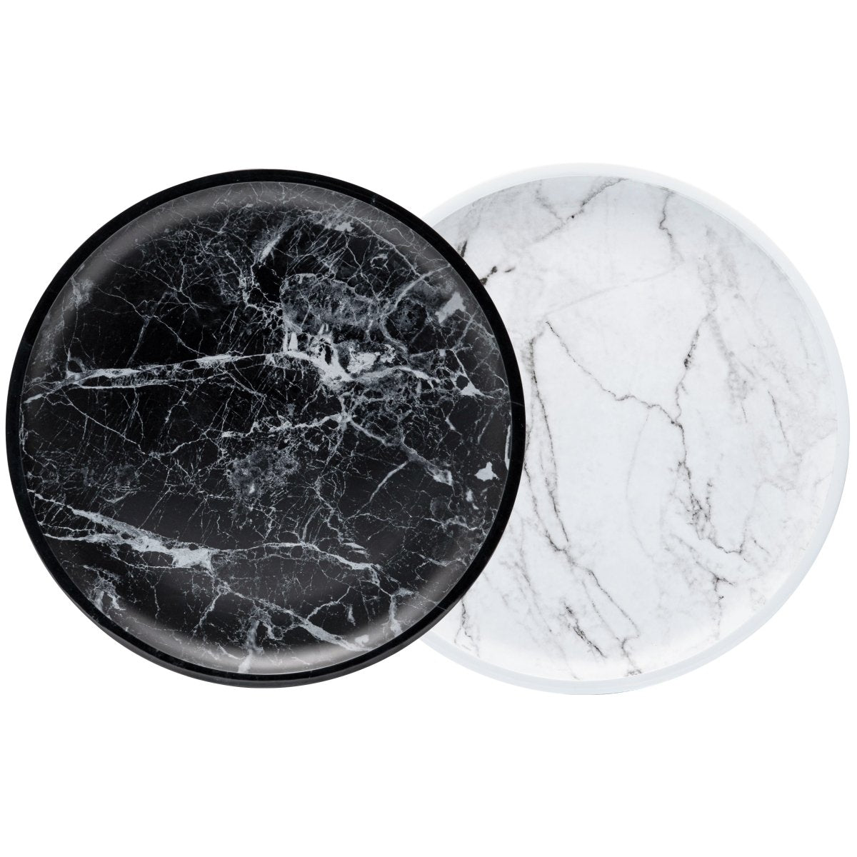 2-Piece Marble Melamine Round Platter Set - Black & White - Perfect for Serving Appetizers, Desserts, and Party Snacks