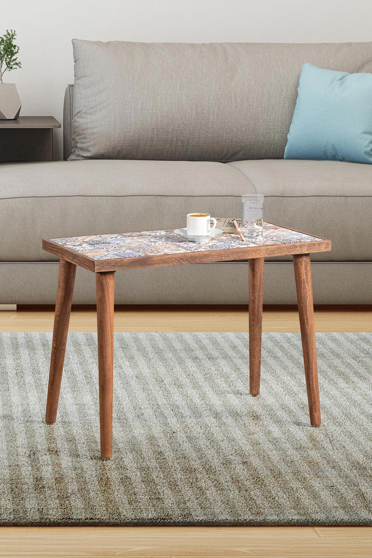 Comfyt Rustic Wood Coffee Table with Ceramic Tile Top - Nesting Side Table, End Table, Nightstand - Mexican Tile Accent Table for Living Room, Bedroom & Home Decor