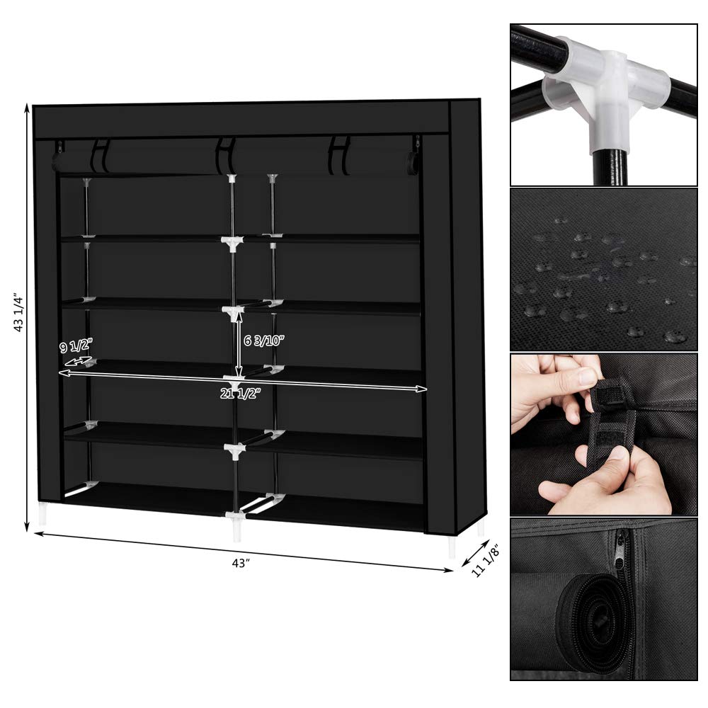 6 Tier Shoe Rack Organizer - Space Saving Storage for 30 Pairs of Shoes, Portable Double Row Shoe Shelf Cabinet with Dustproof Non-Woven Cover (Black) | Perfect for Closet, Bedroom, Entryway & Small Space Organization