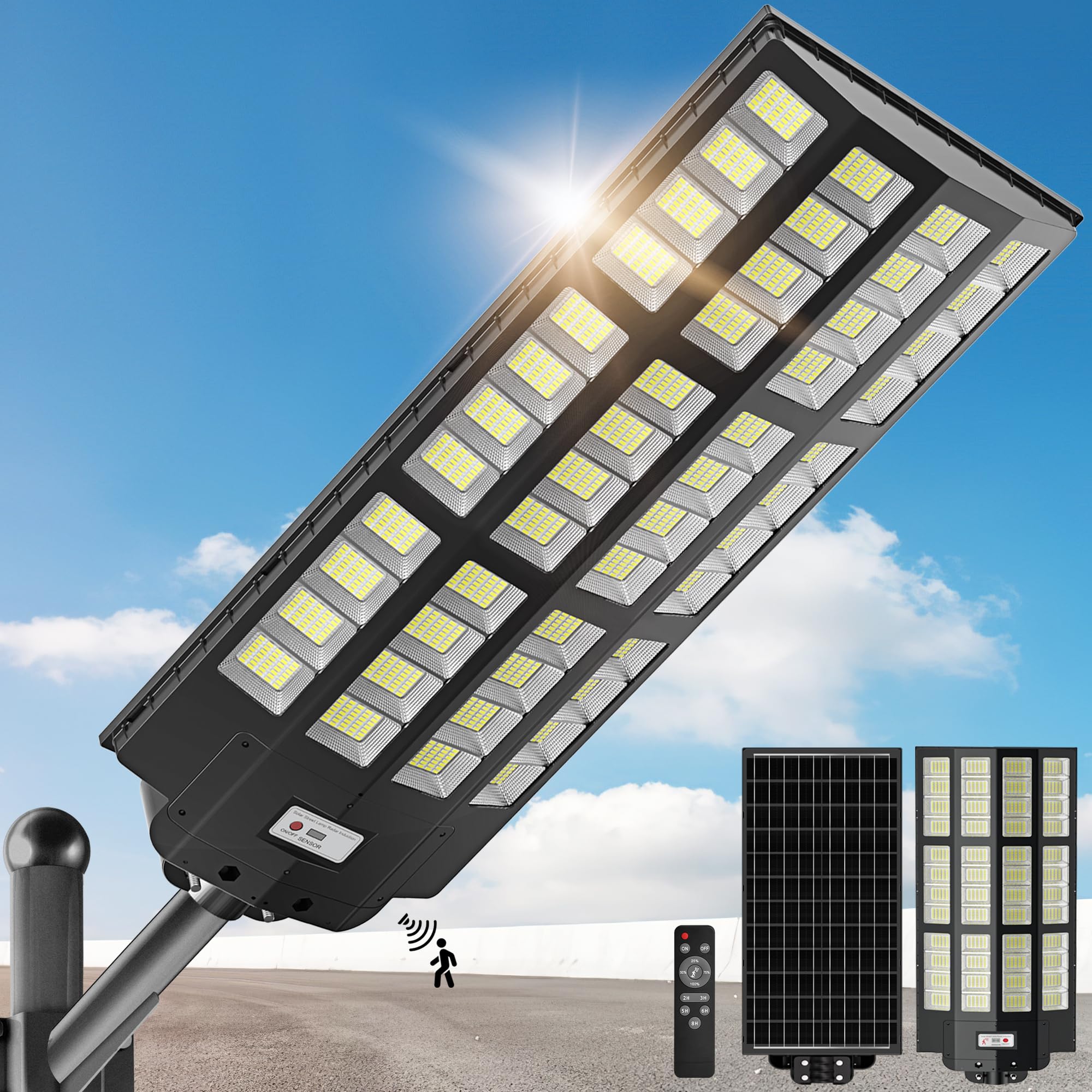 9800W Solar Street Lights Outdoor - 7000K Wide Angle Solar Lights with Motion Sensor & Dusk to Dawn, IP66 Waterproof Solar Powered Outdoor Lights for Roadway, Yard, Garden, Pathway & Driveway - Perfect for Home Security & Landscape Lighting