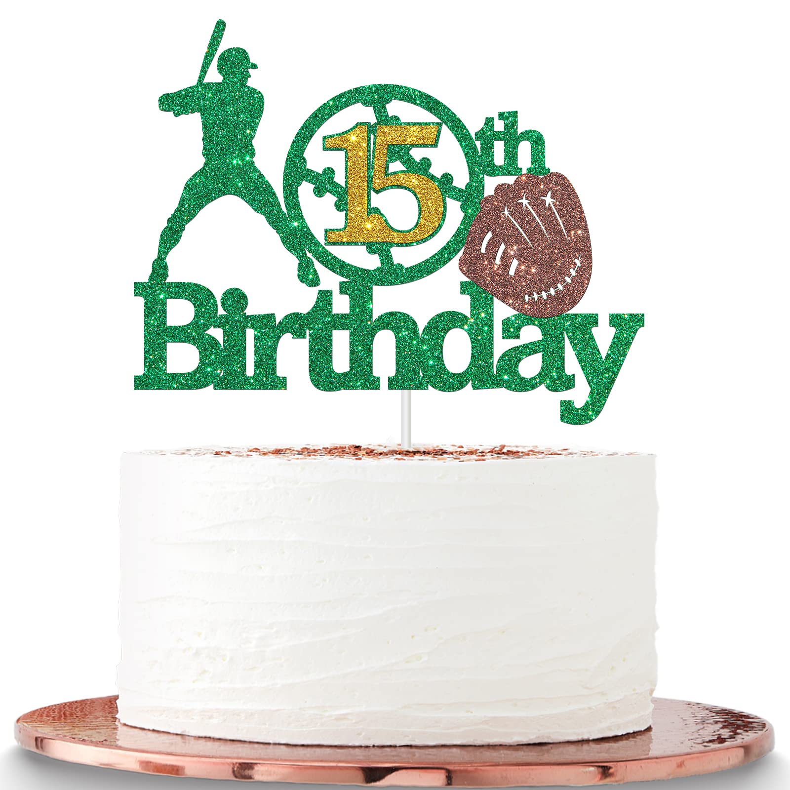 Baseball Sports Theme 15th Birthday Cake Topper for Boys - Green Glitter 'Cheers to 15 Years' Cake Decorations - Perfect for Sports Themed Birthday Parties, Sweet 16 Decor & Teen Celebrations