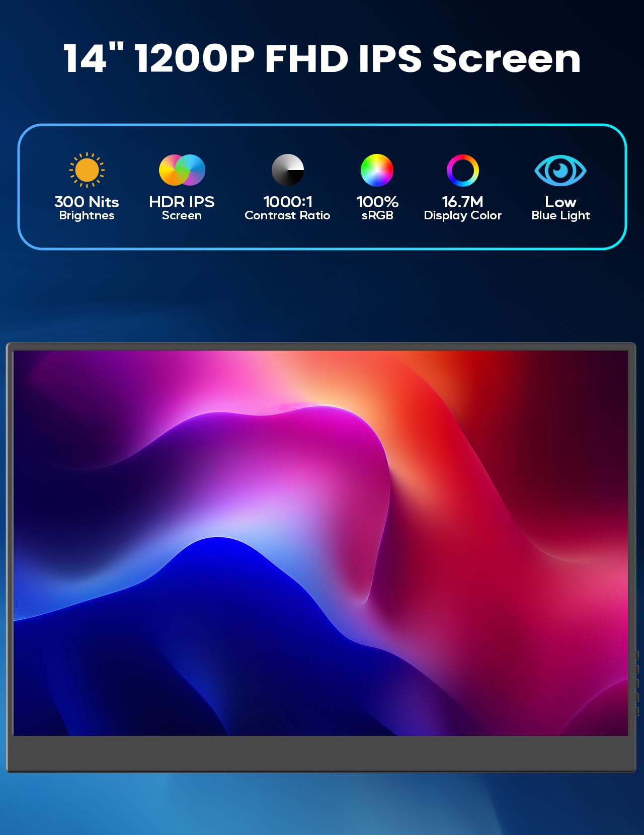 14inch Portable FHD Monitor 1920x1200P with USB-C & HDMI - Dual Speakers, HDR, Plug & Play - External Screen for Laptop, Mac, PC, Phone, Xbox, PS5, Switch - Perfect for Travel, Gaming & Remote Work
