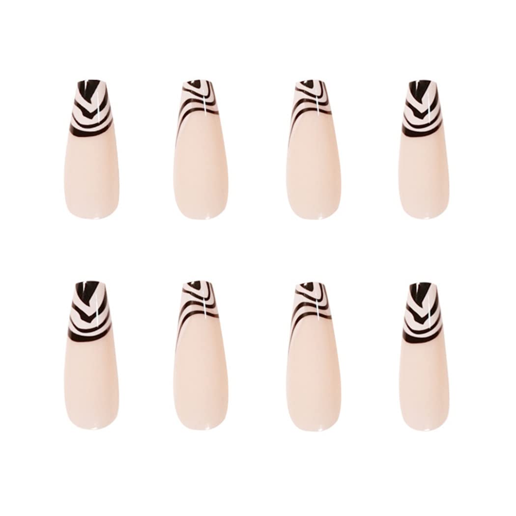 24Pcs Long Coffin Press-On Nails - Glossy Pink Abstract French Tip Fake Nails with Ballerina Design, Full Cover Artificial Nails for Women & Girls | Perfect for Parties, Weddings & Special Occasions