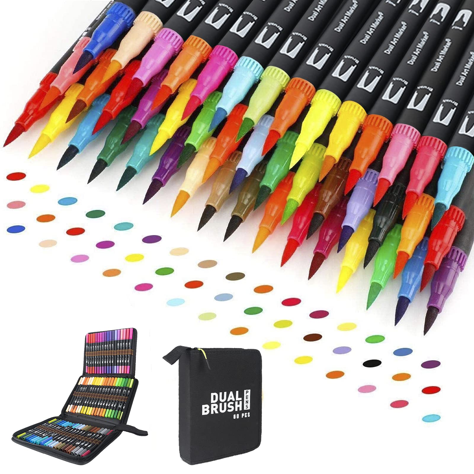 LLyang Dual Tip Brush Markers Set of 60 - Professional Artist Coloring Pens with Blendable Brush & Fine Tips for Adults & Kids - Perfect for Calligraphy, Illustration, Coloring Books & Art Projects