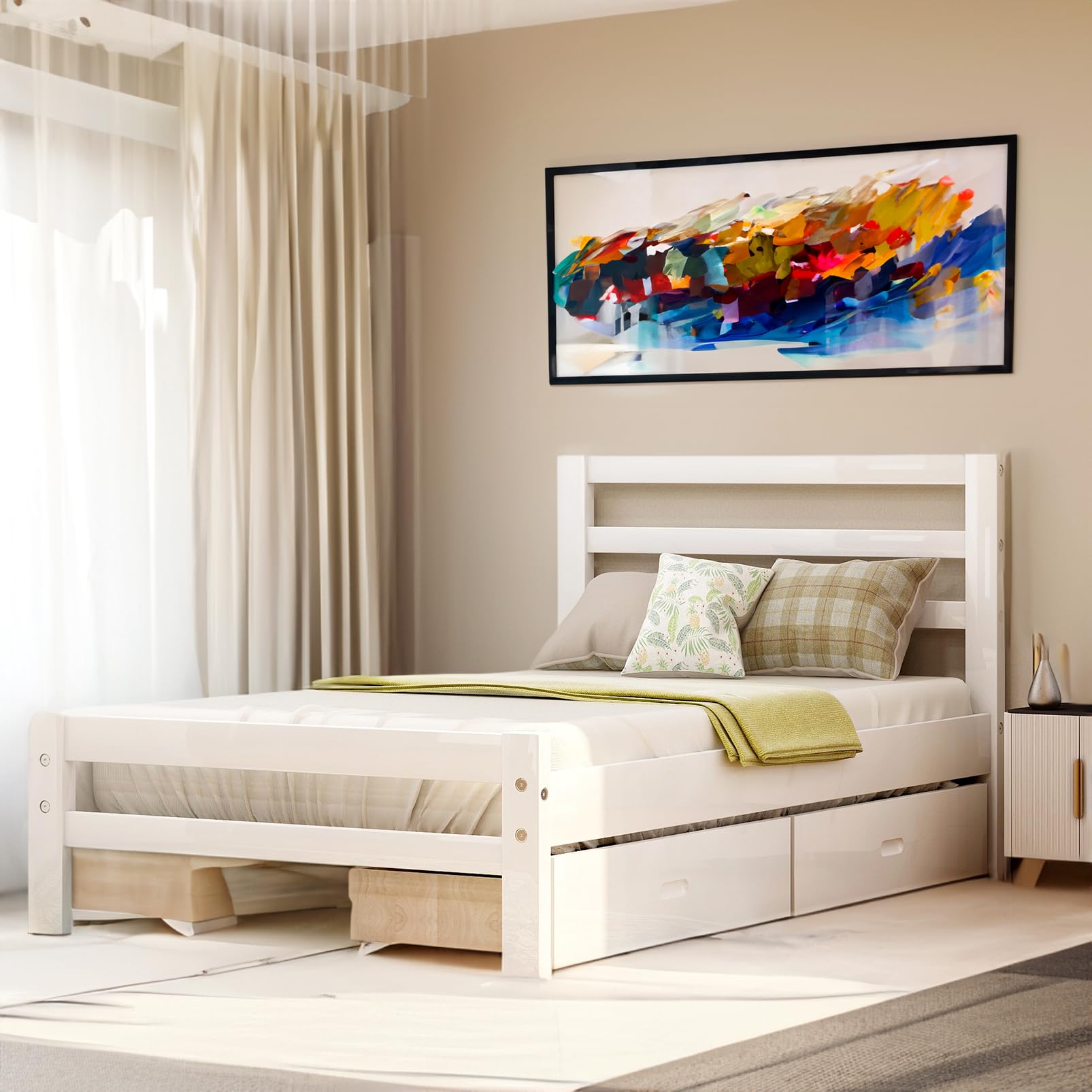 **Twin Size Modern Platform Bed Frame with 2 Storage Drawers & Headboard - Solid Wood Slat Support, No Box Spring Needed - Country Style Bedroom Furniture for Boys & Girls (White) - Perfect for Small Spaces, Kids' Rooms & Guest Bedrooms**