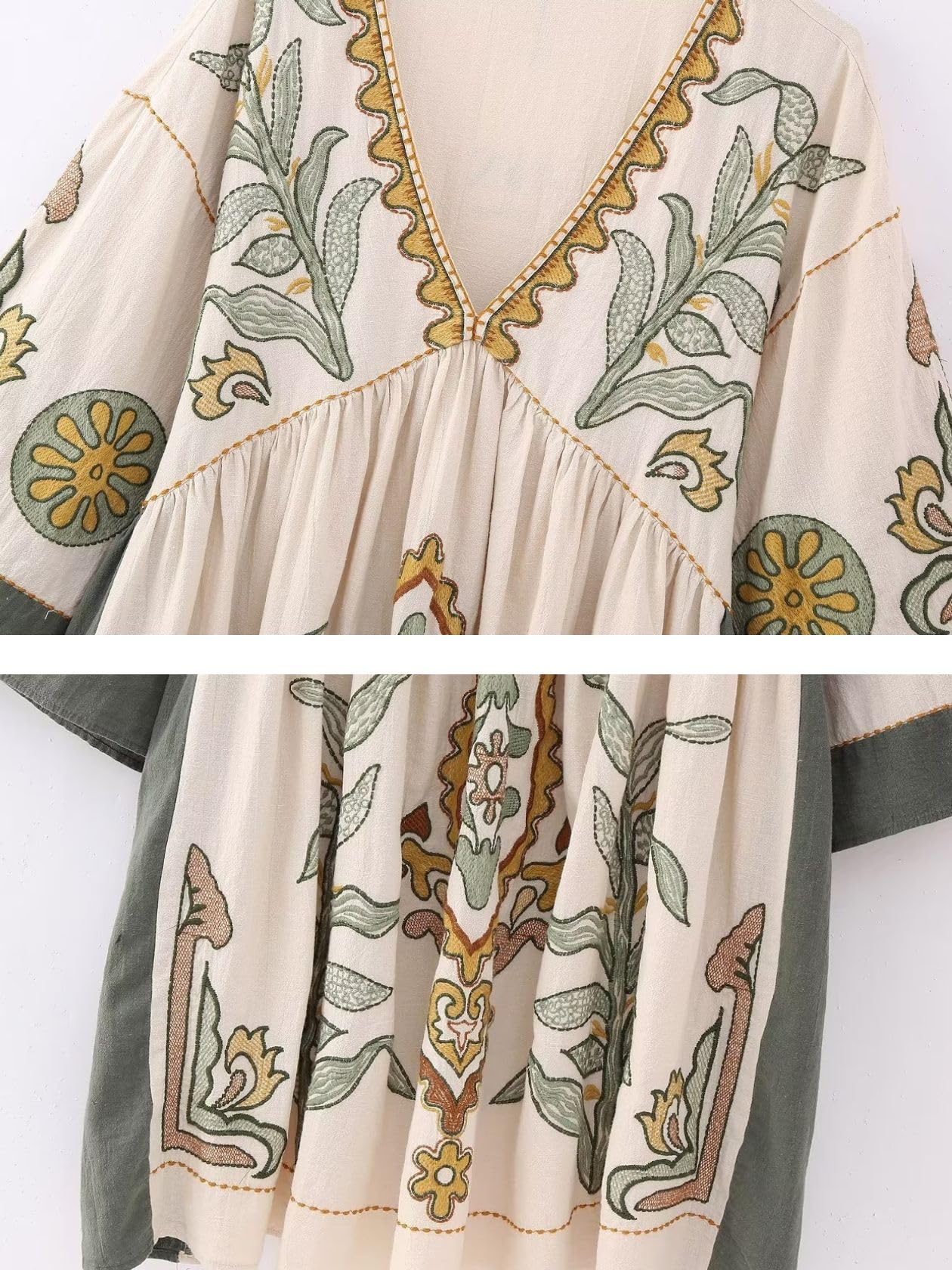 Women's Floral Embroidered Linen Blend Dress - Loose Fit V-Neck Vintage Babydoll Dress with Elegant Embroidery | Perfect for Summer Outings, Beach Vacations & Boho Chic Style