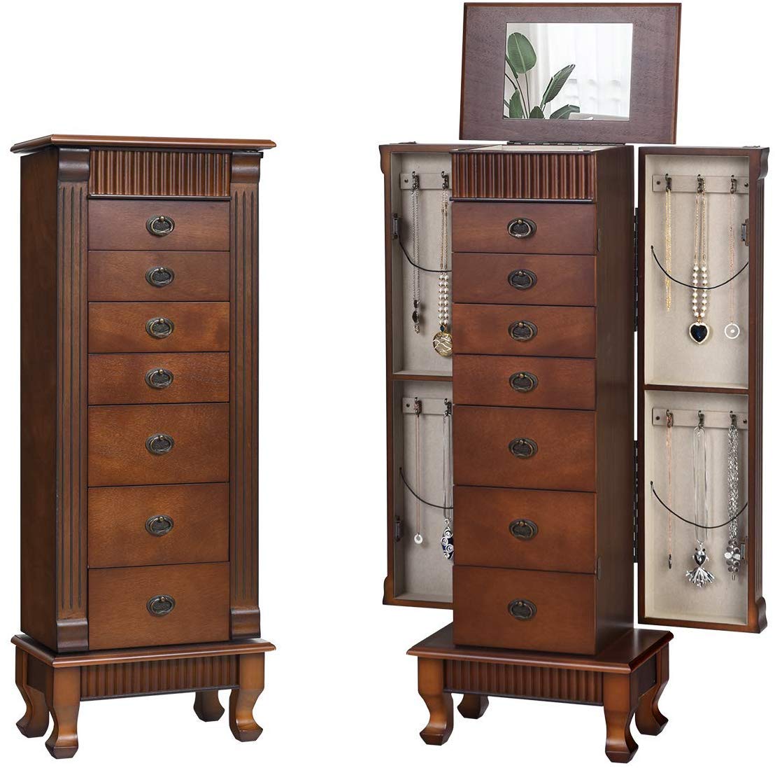 Large Standing Jewelry Armoire Cabinet with 7 Drawers & 2 Doors - Full-Length Mirror, 12 Necklace Hooks & Top Storage Organizer for Jewelry, Makeup & Accessories - Perfect for Bedroom, Dressing Room & Closet Organization