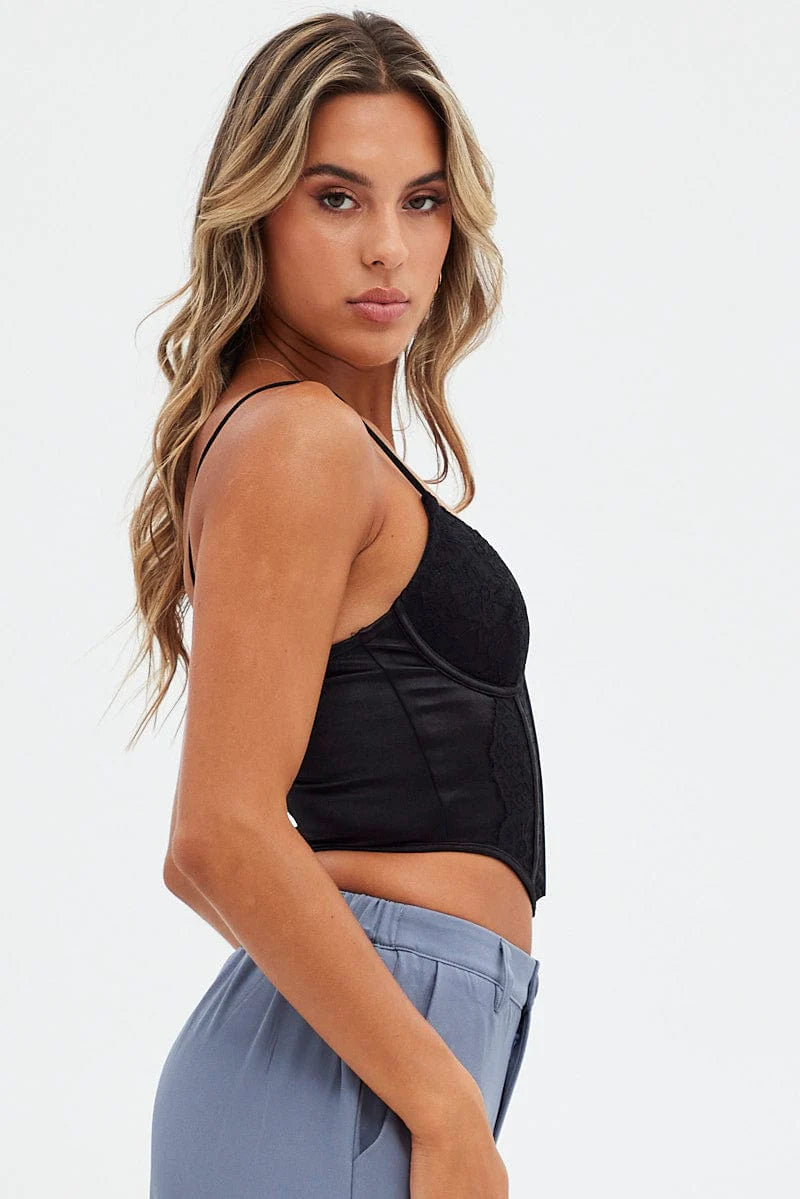 Black Corset Singlet - Sleeveless Scoop Neck Lace Bodysuit for Women | Perfect for Layering, Date Nights & Special Occasions