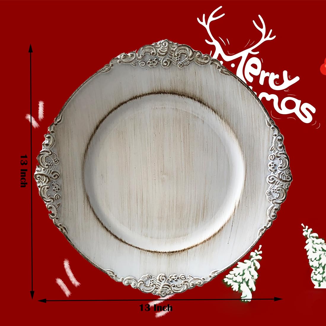 Antique White 13 Inch Embossed Plastic Charger Plates - Set of 6 Elegant Dinner Plate Chargers for Weddings, Parties & Table Decor | Perfect for Formal Dining, Holiday Entertaining & Special Occasions