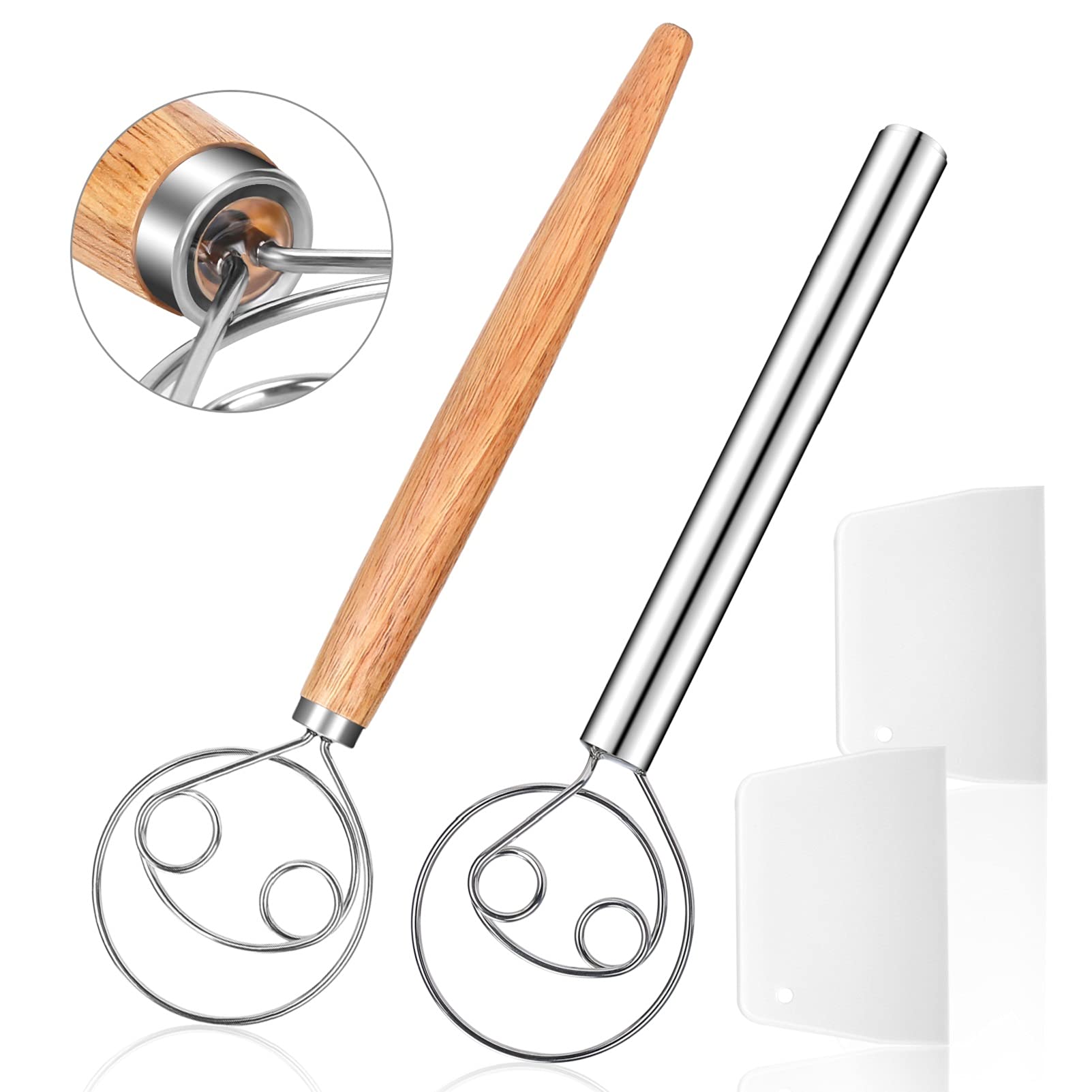 Premium 2-Pack Danish Dough Whisks Set - Stainless Steel & Wooden Handle Dough Mixers with 2 Dough Scrapers (13x3.4 Inch) - Perfect for Baking Bread, Cookies, Pastries & Pizza Dough - Silver Kitchen Tools for Home Bakers & Professional Chefs
