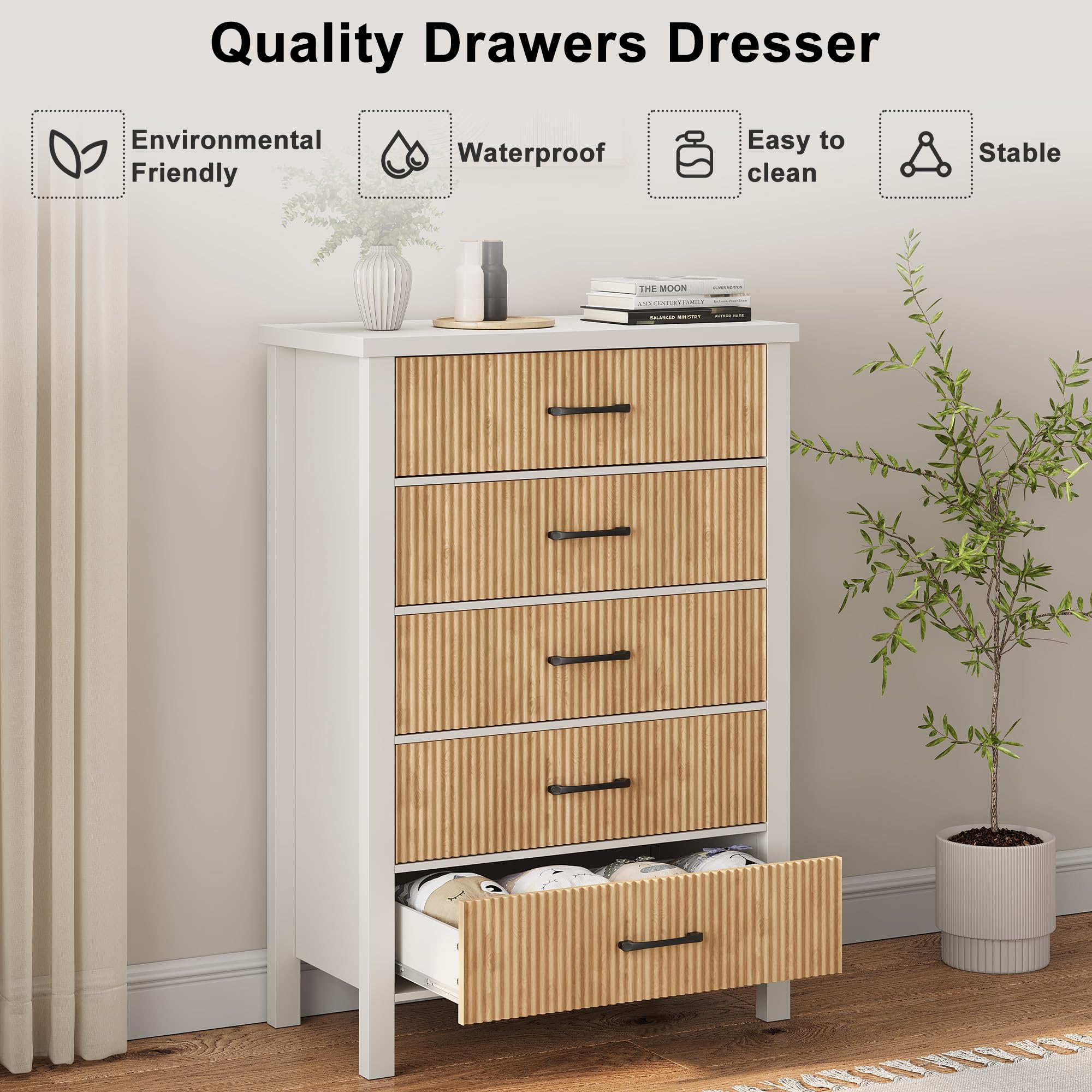 Modern White 5-Drawer Dresser for Bedroom - Solid Wood Legs, Fluted Design Tall Chest of Drawers - Large Wooden Storage for Clothes, Bedding & Accessories | Perfect for Bedroom, Living Room, Entryway & Hallway Organization