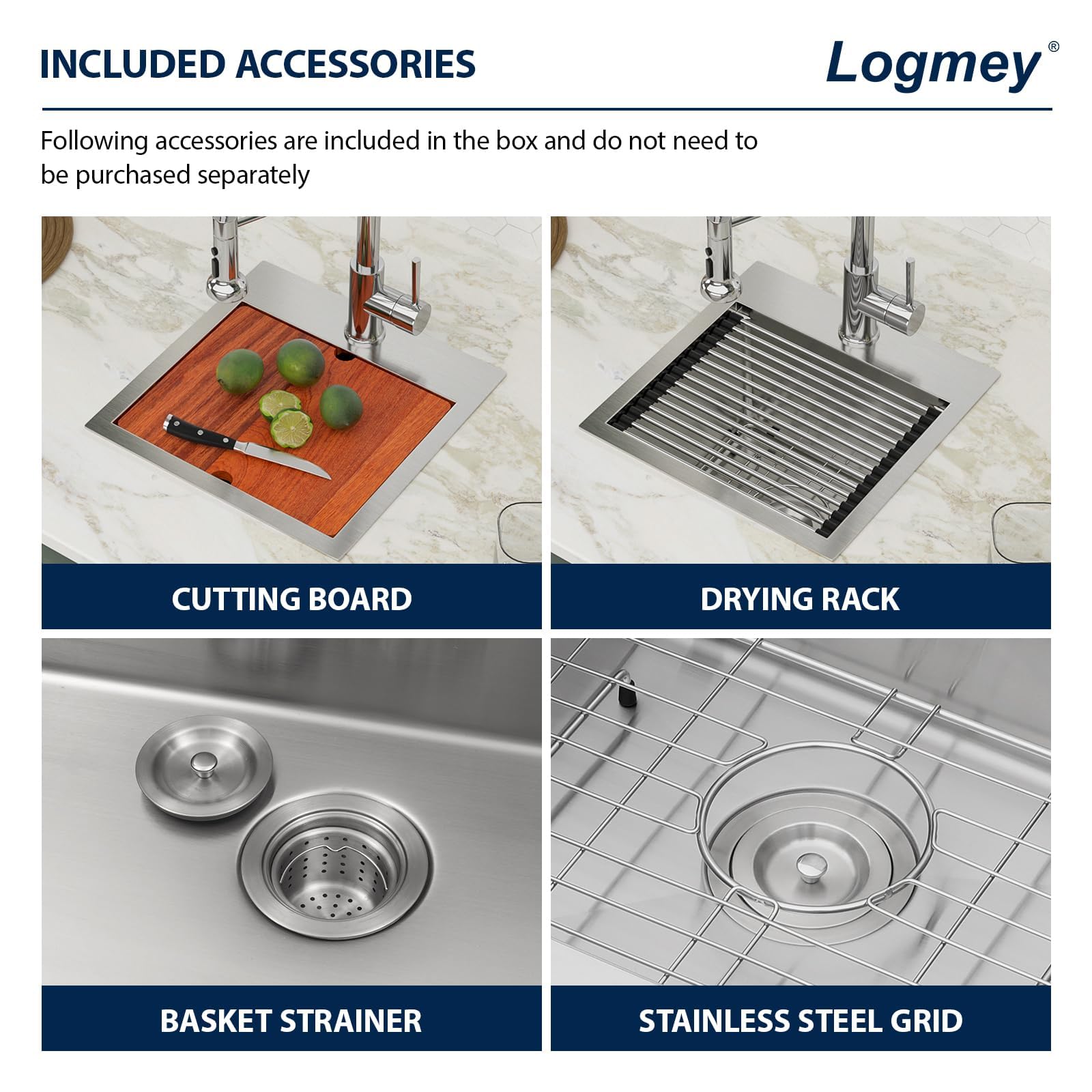 Logmey 15 Inch Drop-In Bar Sink - 15x15 Inch Stainless Steel Kitchen Prep Sink, 16 Gauge Single Bowl Topmount Workstation Sink with Round Corners for Small RV, Bar & Kitchen Use - Perfect for Food Prep, Beverage Station & Compact Spaces