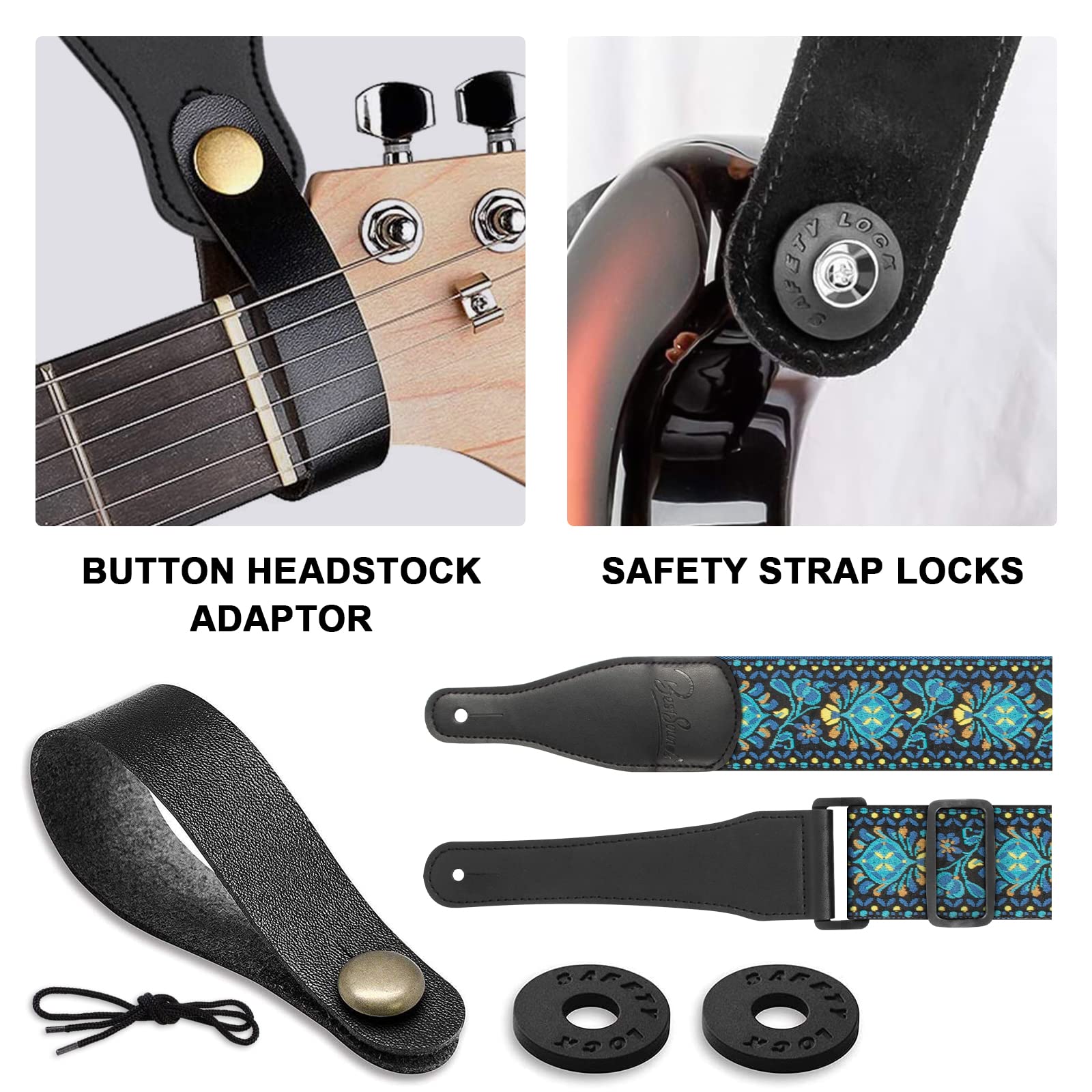 Premium Jacquard Embroidered Cotton Guitar Strap with Genuine Leather Ends - Adjustable Shoulder Strap for Bass, Acoustic & Electric Guitars - Perfect for Live Performances, Studio Sessions & Music Practice