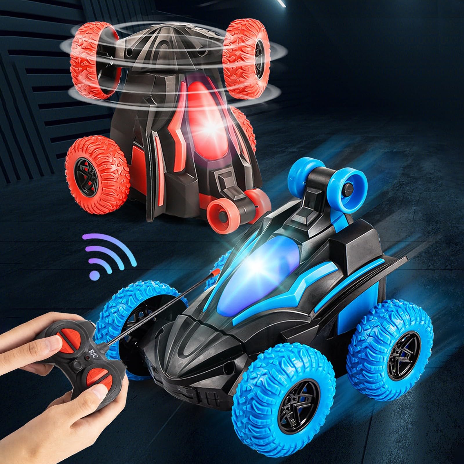 Upgraded Stunt RC Car with LED Lights - 360° Rotating Remote Control Toy for Kids Outdoor Play (Blue)