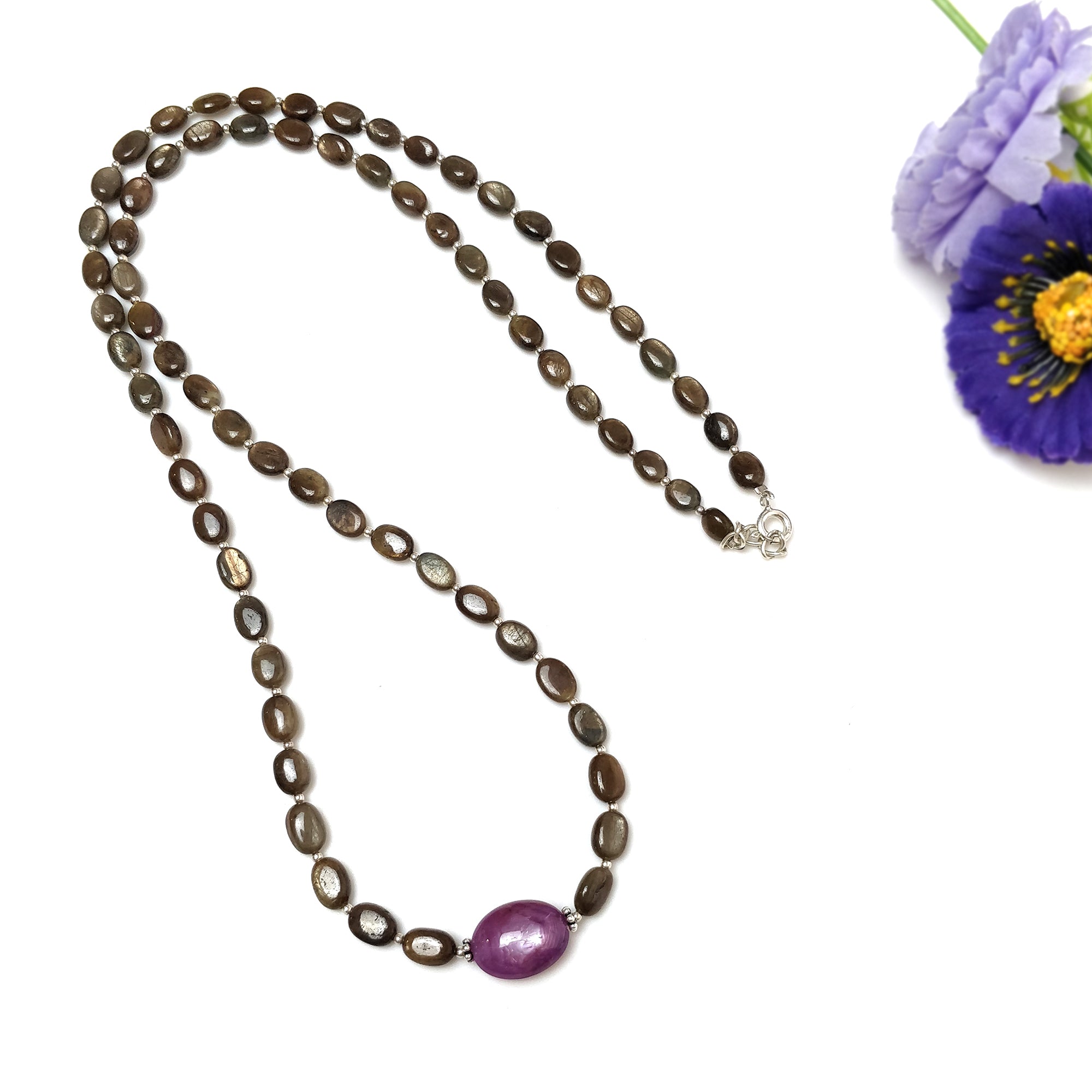Natural Untreated Chocolate Sapphire & Star Ruby Gemstone Necklace - 131.45cts Oval Cut with 925 Sterling Silver (7x5mm - 15x11mm, 24.5