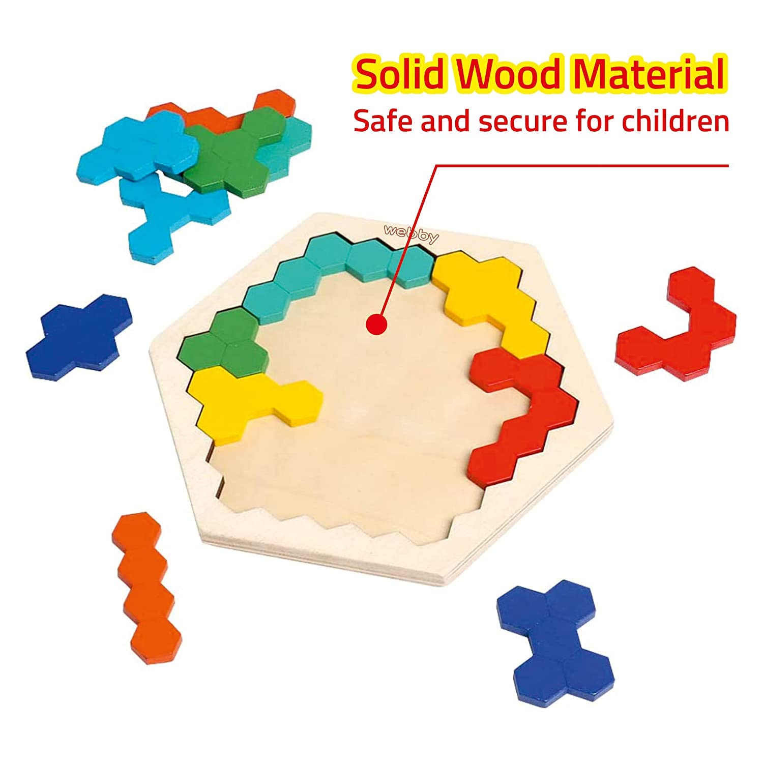 Webby Hexagonal Wooden Brain Teaser Puzzle - Educational Learning Toy for Kids | STEM Montessori Gift for Problem Solving & Critical Thinking | Perfect for Classroom, Travel & Family Game Night