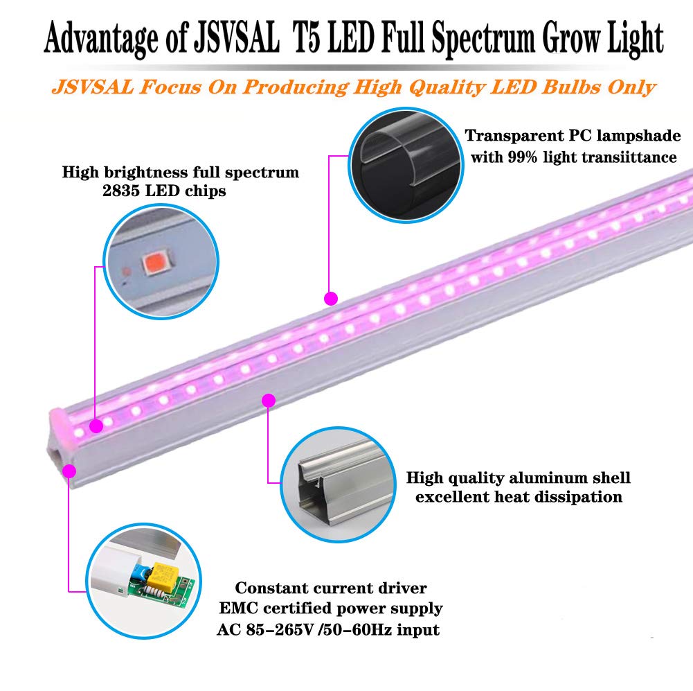 6-Pack T5 LED Full Spectrum Grow Light Strips - 2FT 60W (6 x 10W, 500W Equivalent) Integrated Plant Growing Lamp Fixture - Plug & Play Easy Installation for Indoor Plants, Greenhouse, Hydroponics & Vertical Farming - Perfect for Seedlings, Herbs & Succulents