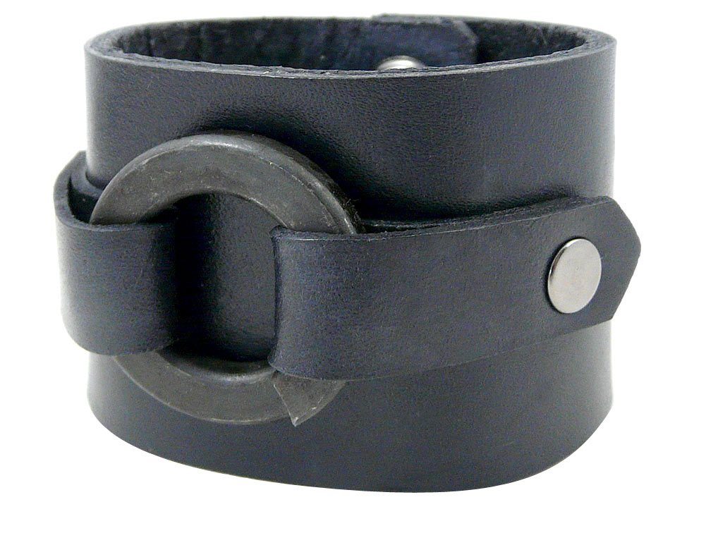 American Made Wide Leather Hardware Cuff Bracelet for Men - Black, Perfect for Casual Outings and Formal Events