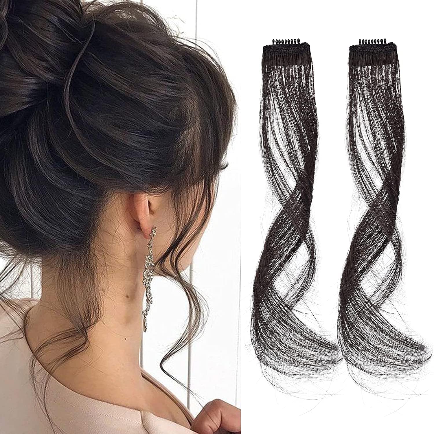 LUXURIUSHAIR 2Pcs Clip-in Human Hair Side Bangs - 18 Inch Wavy Fringe Hair Extensions for Women (Natural Black) | Perfect for Daily Wear, Cosplay & Hairstyle Transformation