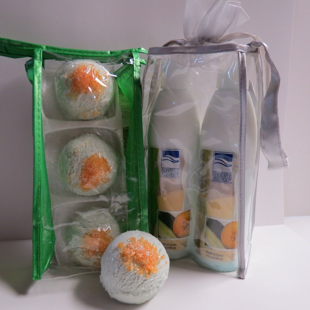 **Dead Sea Spa Care Cucumber Melon Bath Bomb Set - 3 Pack Bubble Bath Truffles & 2 Pack 8 oz Hand Body Lotion | Relaxing Bath & Massage Gift for Spa, Self-Care, Stress Relief**