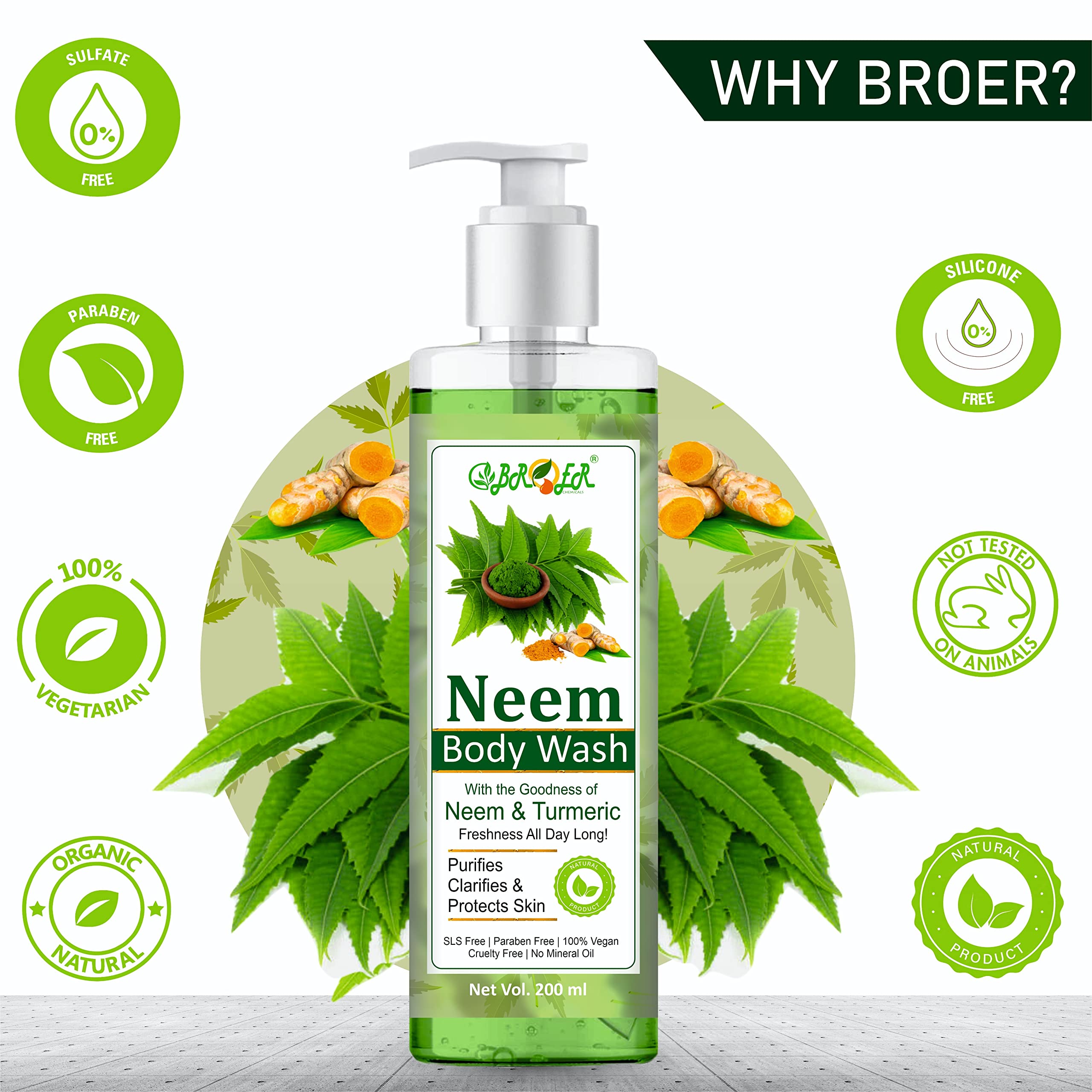 BROER Neem Face Wash 100ml & Neem Body Wash 200ml - Natural Neem & Turmeric Formula for All Skin Types | Sulfate-Free, Paraben-Free | Acne Treatment & Daily Skincare Routine
