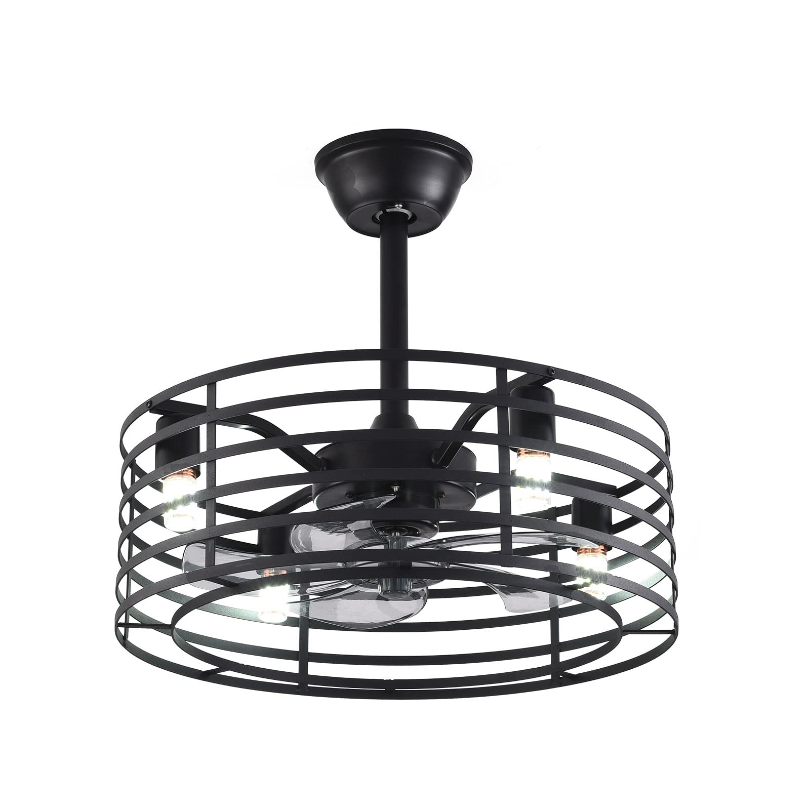 20 Inch Black Industrial Caged Ceiling Fan with Light and Remote Control - 3 Speed Adjustable Bladeless Design for Kitchen, Bedroom, Living Room & Farmhouse - E12 Base (Bulbs Not Included) - Perfect for Modern Homes and Rustic Decor