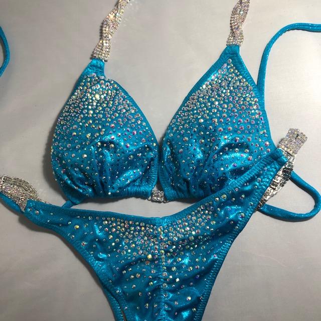 Competition Bikini Suit - Turquoise Burst Crystal Rhinestone Posing Bikini for Women | Stage Performance, Bodybuilding, Fitness Shows, Swimwear, Beachwear