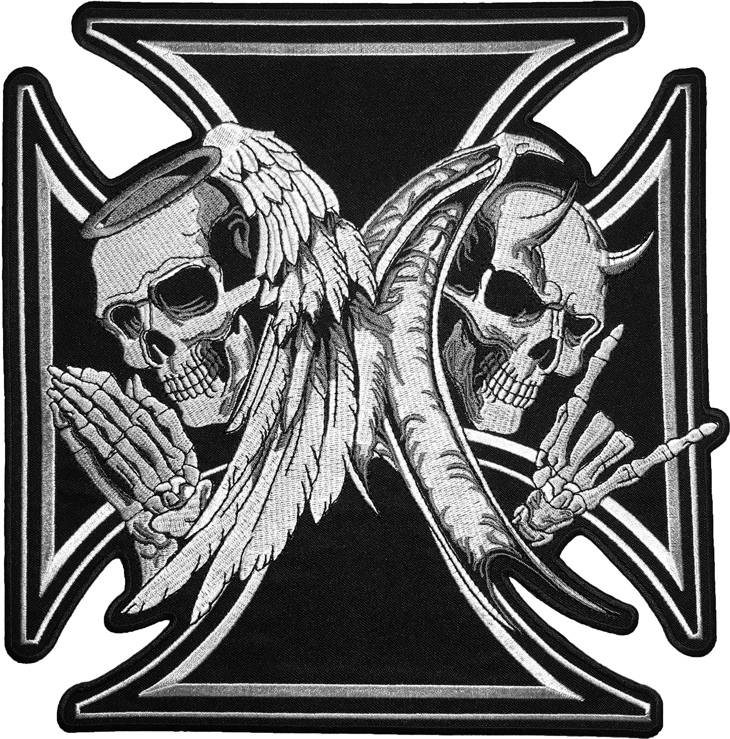 Large Embroidered Skull Devil & Angel Wings Black Cross Iron-On Patch for Biker Jackets, Vests & Costumes – Perfect for Motorcycle Gear, DIY Fashion & Halloween Outfits