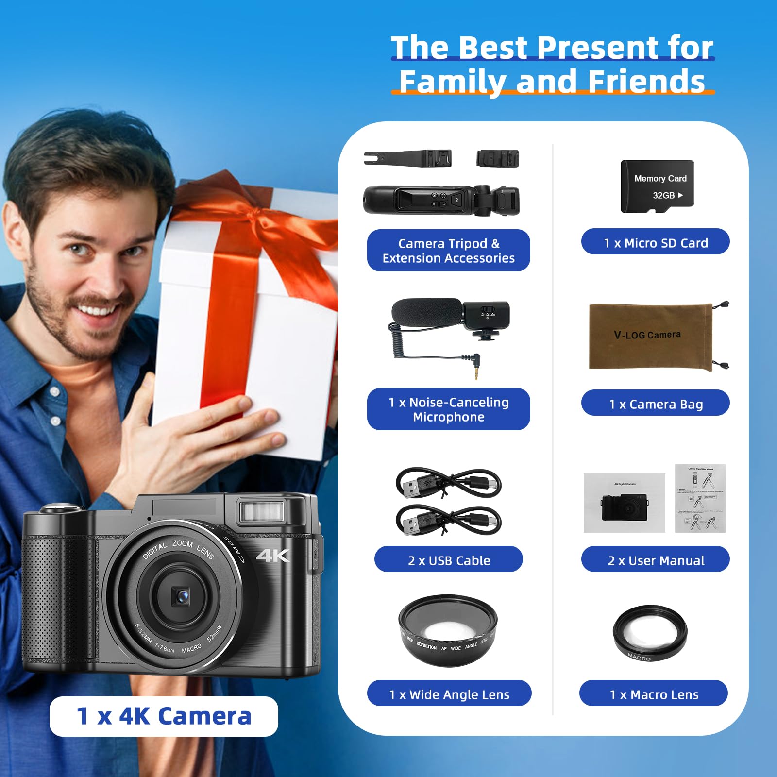 4K 48MP Digital Camera with 180° Flip Screen, 16X Zoom, Wide Angle & Macro Lens, Tripod, Mic, Remote - Perfect for Vlogging, Travel & Photography (32GB TF Card, Black)