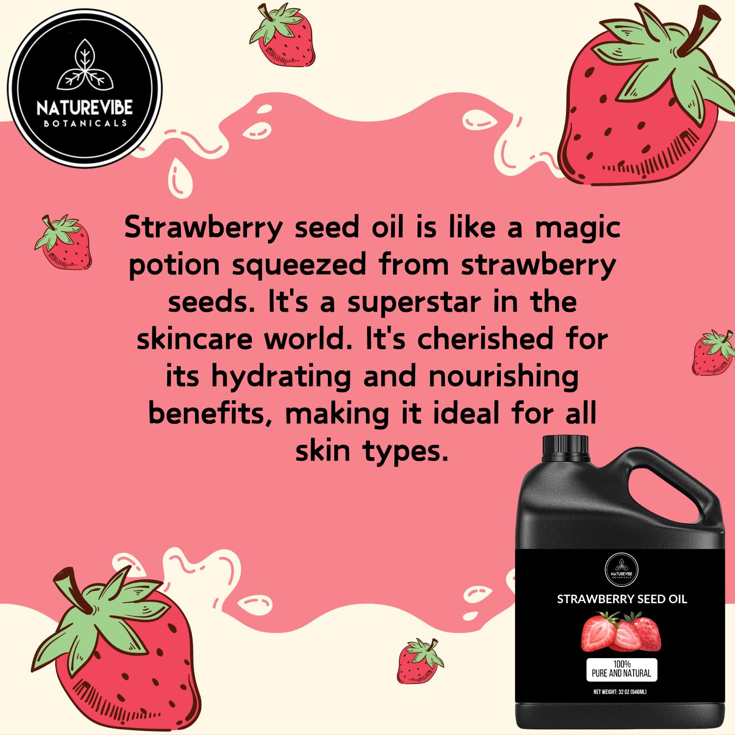 Naturevibe Botanicals Organic Strawberry Oil & Argan Oil Combo - 32oz Each | Cold-Pressed, 100% Pure for Hair, Skin & Nail Care | Perfect for DIY Beauty Recipes & Aromatherapy