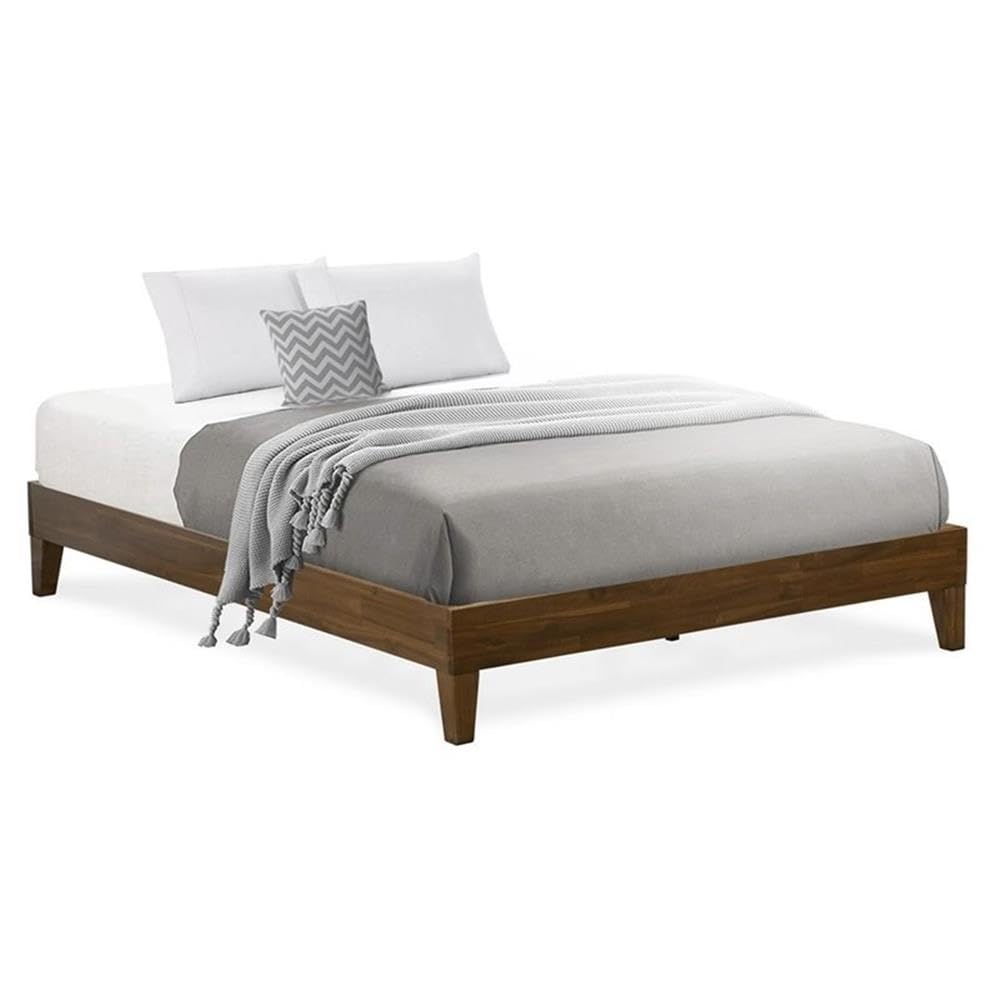 East West Furniture NVP-22-Q Queen Size Bed Frame with 4 Solid Wood Legs & 2 Extra Center Supports - Walnut Finish - Sturdy Platform Bed for Master Bedroom or Guest Room