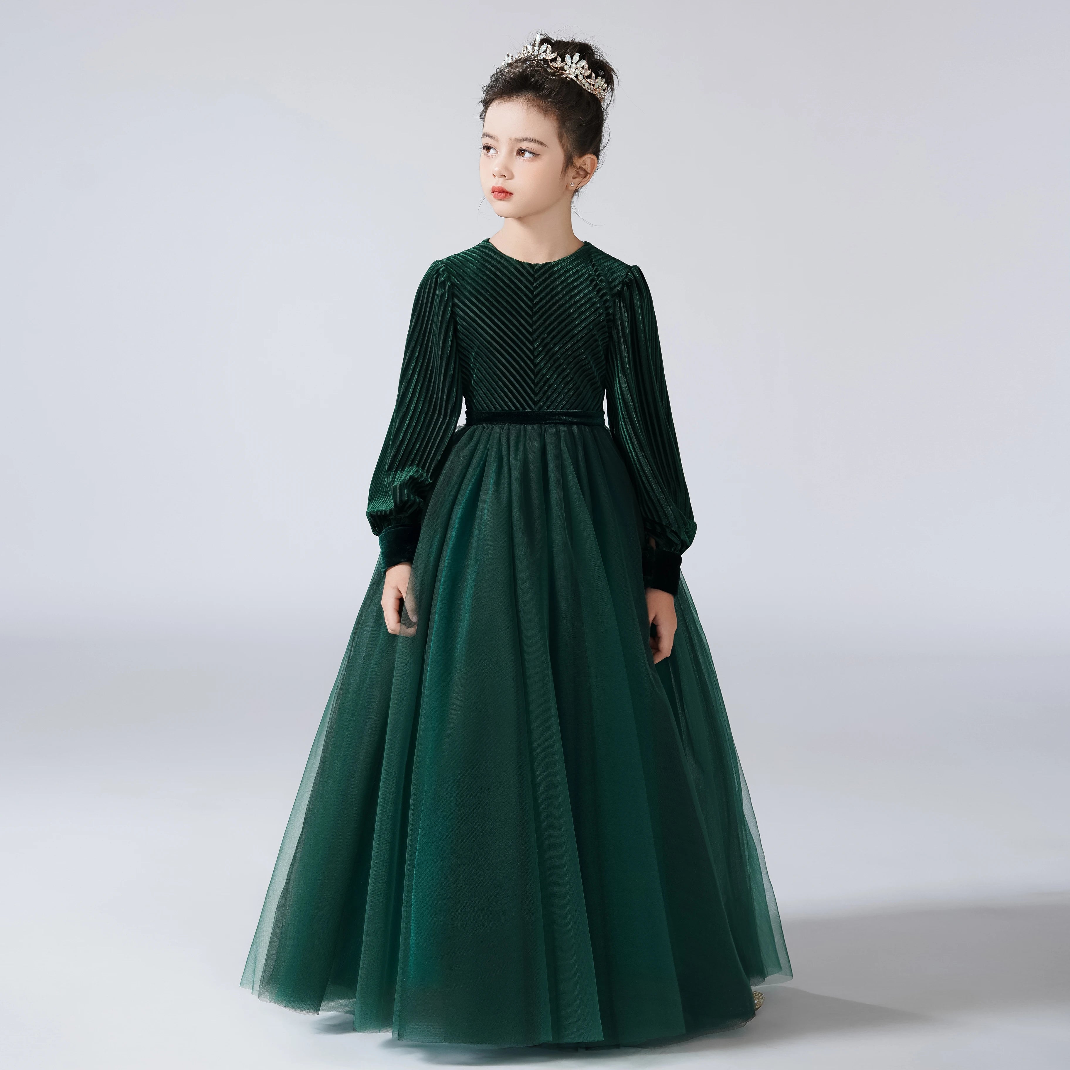 Velvet Full Sleeve Long Skirt Green Girls Formal Dress Pageant Gown for Special Occasions, Birthday Parties & Holiday Events