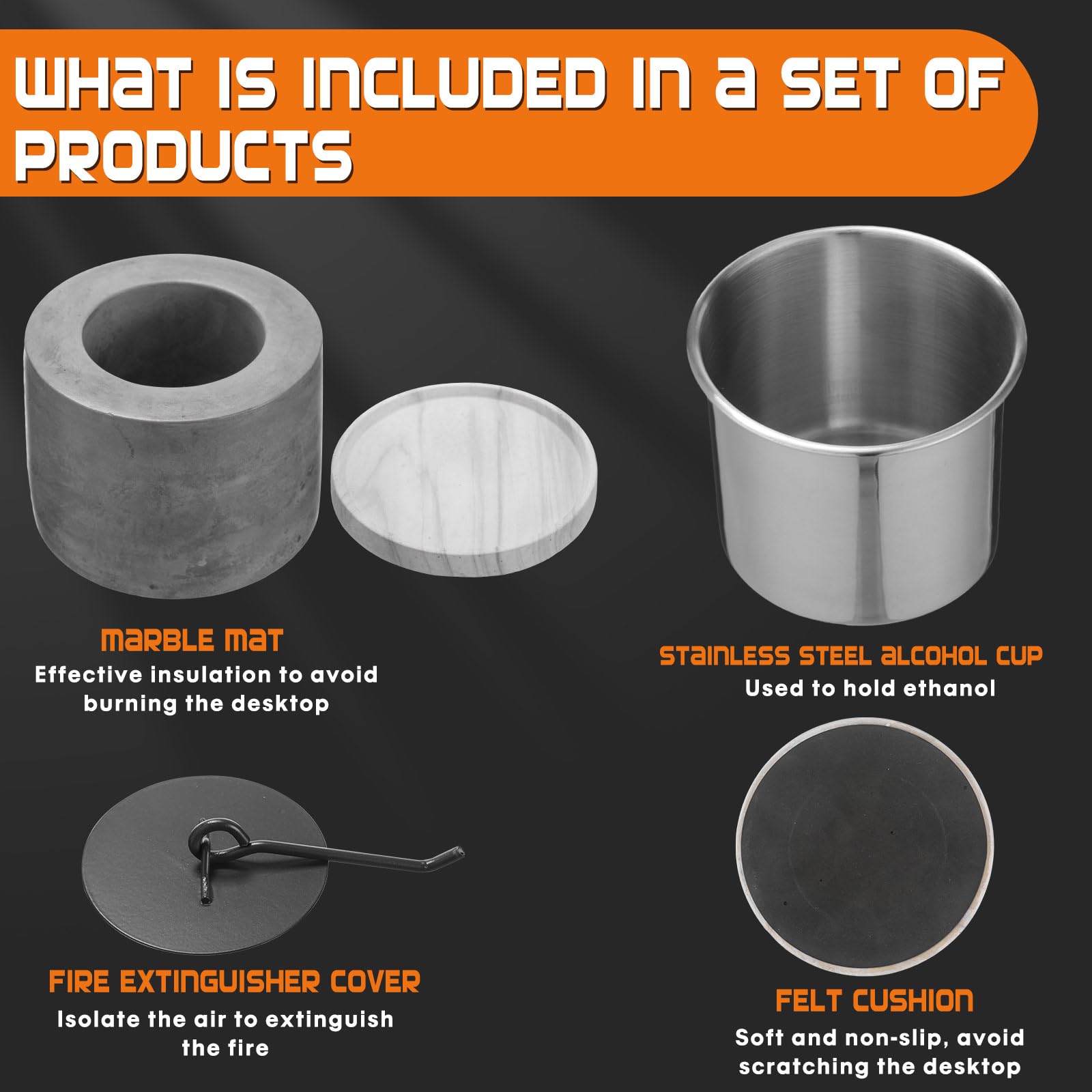 3 Pack Concrete Tabletop Fire Pit Bowl - Indoor/Outdoor Ethanol Fireplace for Patio, Balcony, Deck with Extinguisher Cover & Felt Cushion - Perfect for Smores Making, Ambiance, and Outdoor Gatherings